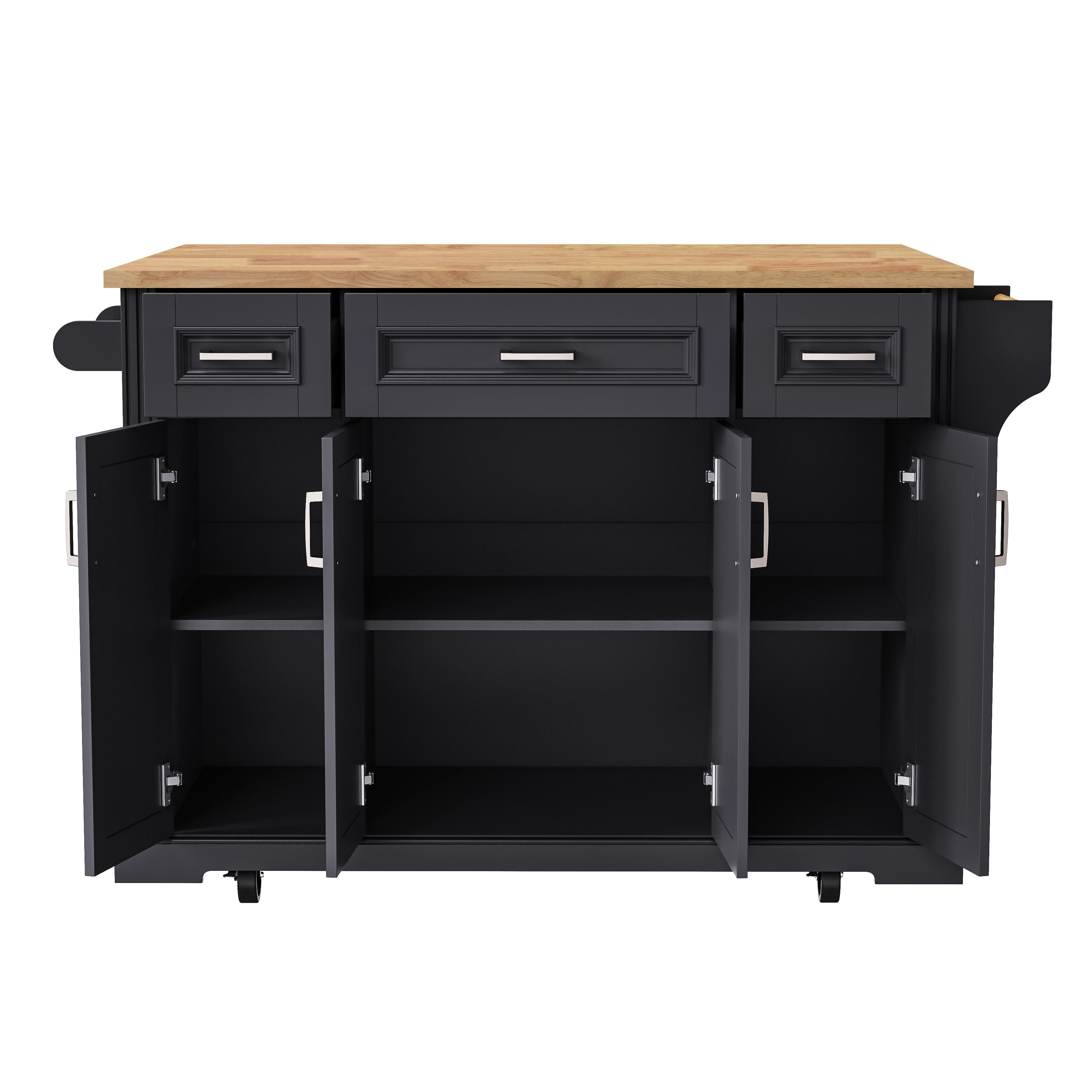 Annecy 54 inch black rolling kitchen island with open cabinet doors adjustable shelves drawers and wood countertop front view