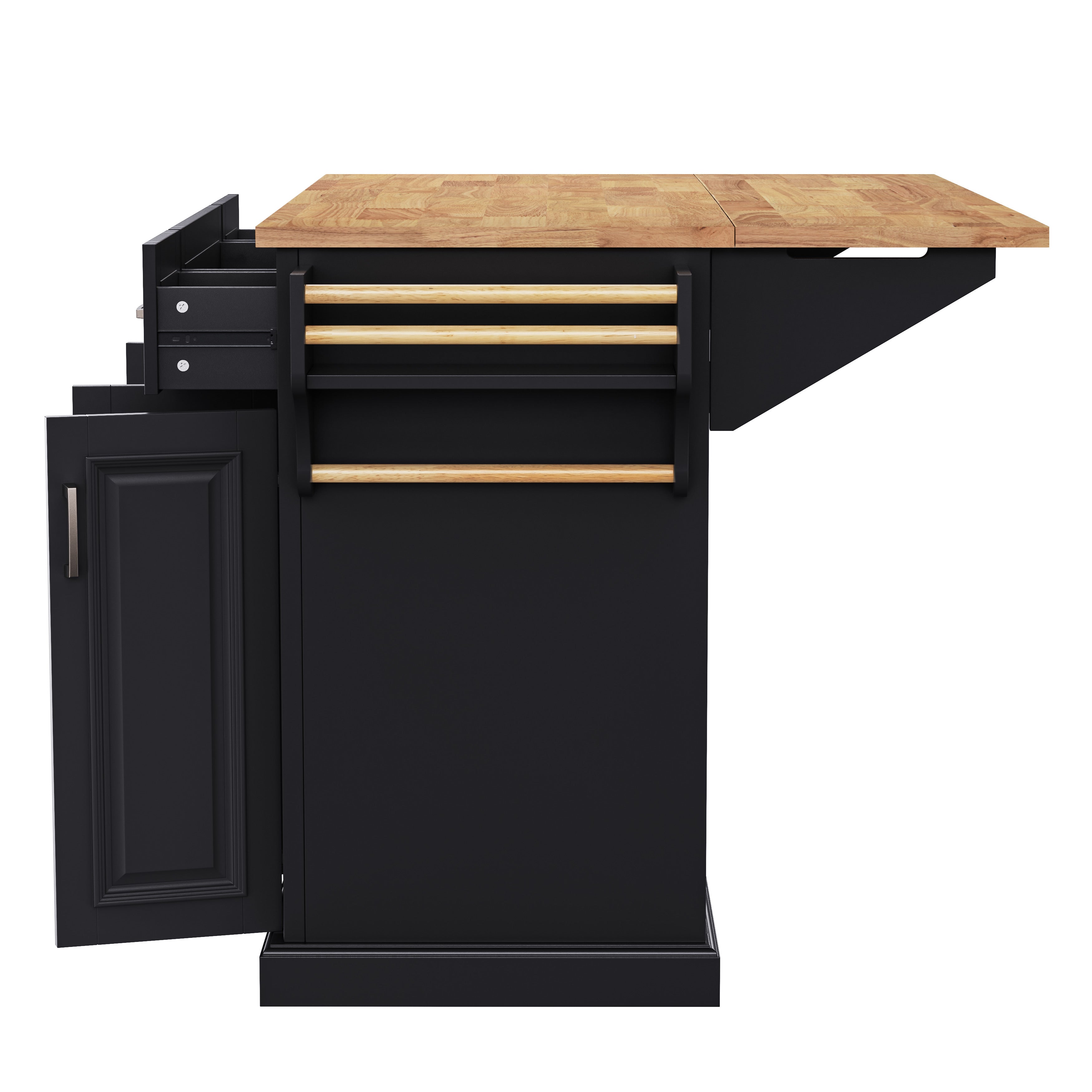 Annecy 54 inch black rolling kitchen island side view with extended drop leaf countertop towel rack and cabinet storage door open
