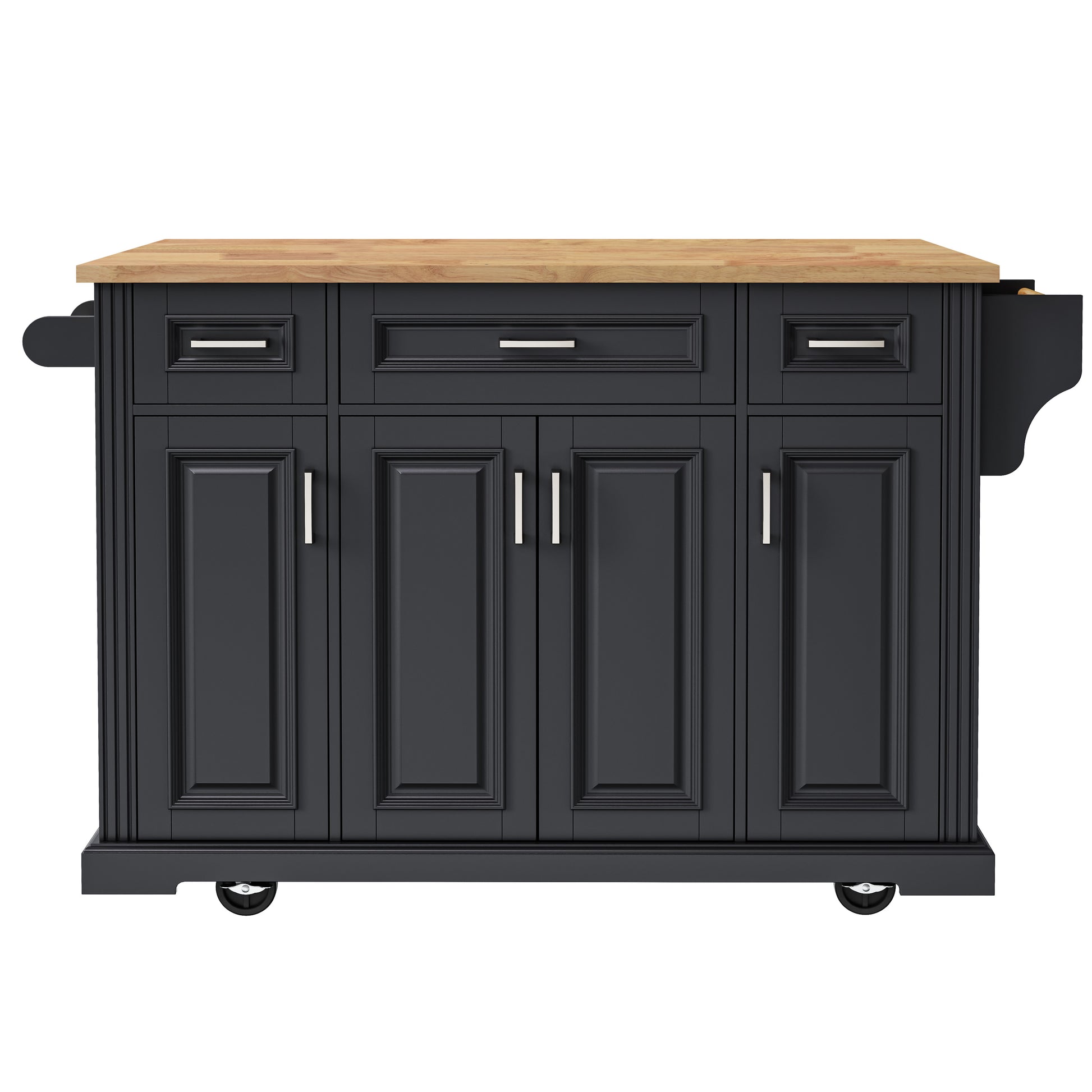 Annecy 54 inch black rolling kitchen island with wood countertop drawers cabinet storage and caster wheels front view