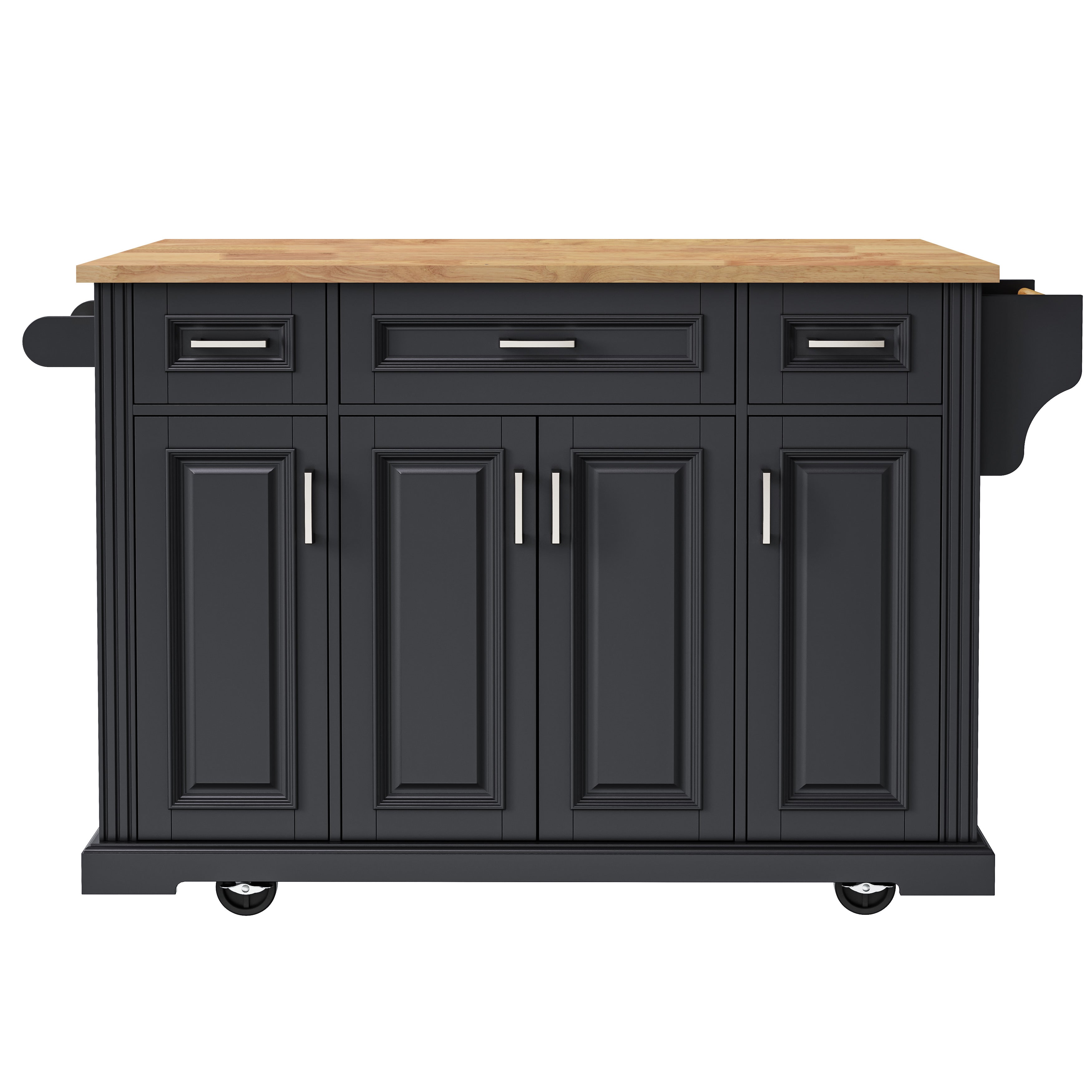 Annecy 54 inch black rolling kitchen island with wood countertop drawers cabinet storage and caster wheels front view