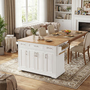 Annecy 54 inch rolling kitchen island with extended wood drop leaf countertop in a modern farmhouse dining room setting