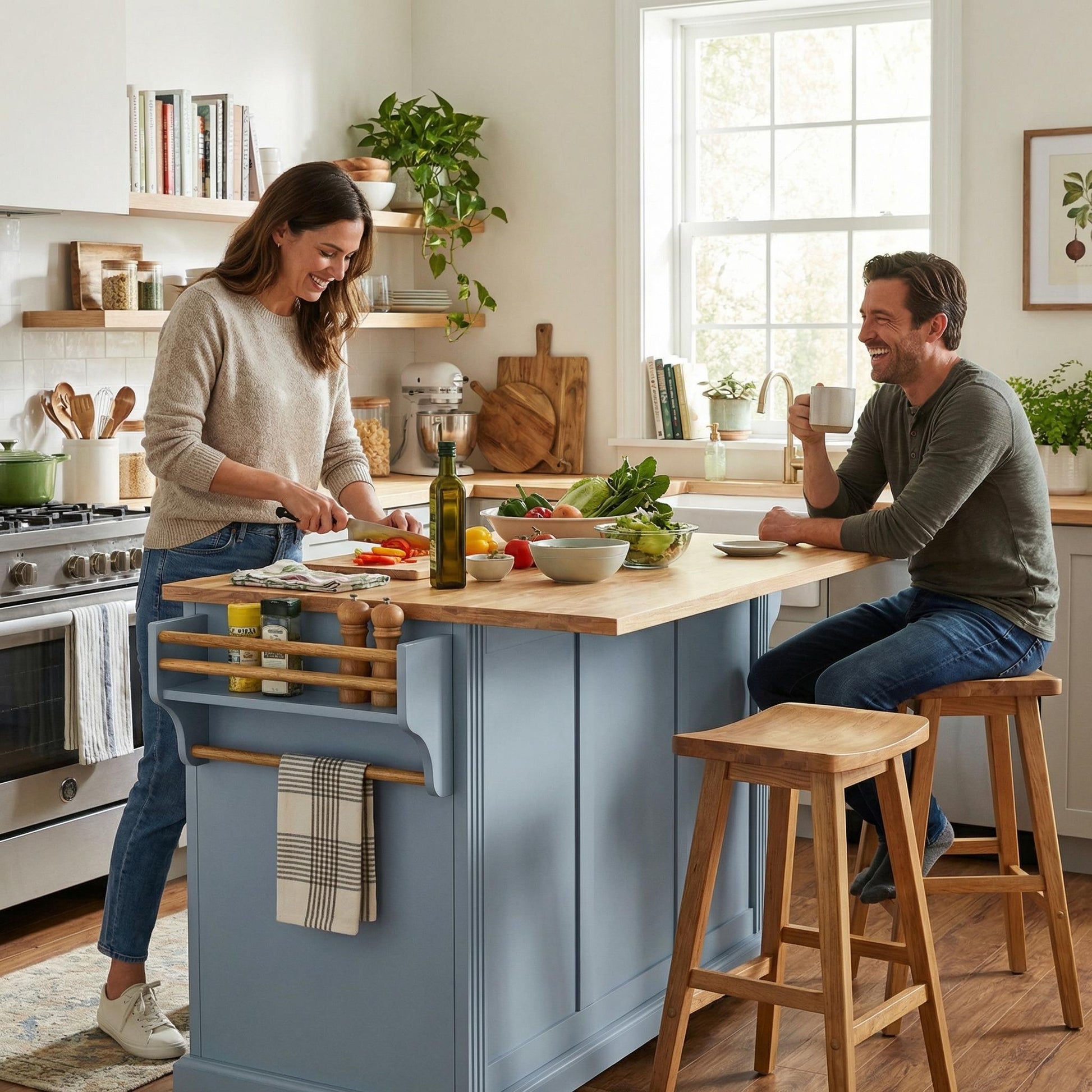 Annecy 54 inch gray rolling kitchen island with wood countertop used for meal prep and casual dining in a bright family kitchen