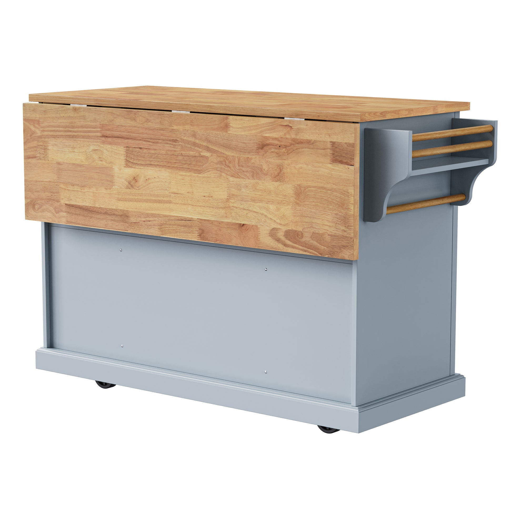 Annecy 54 inch gray rolling kitchen island with foldable wood drop leaf countertop back view and side towel rack storage