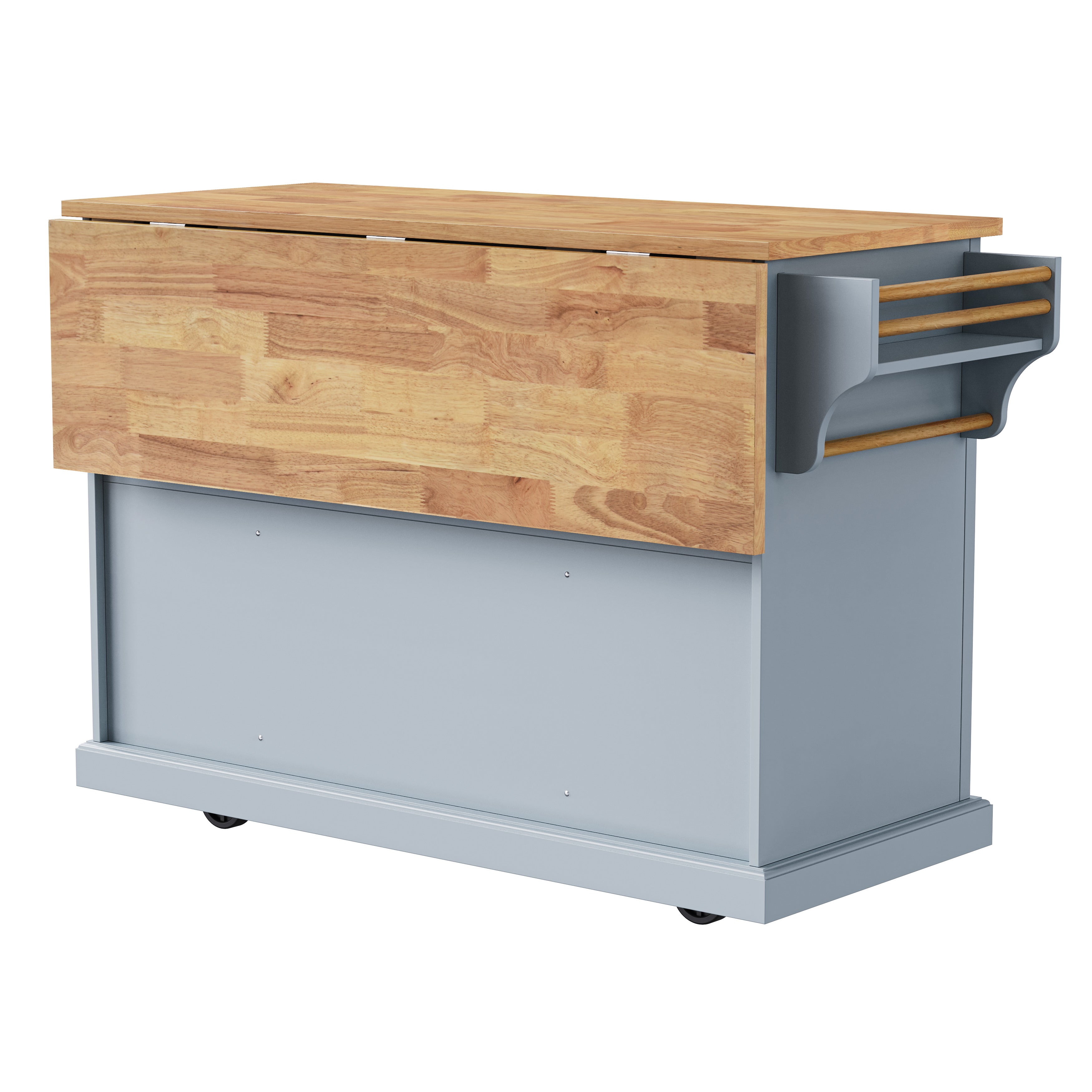 Annecy 54 inch gray rolling kitchen island with foldable wood drop leaf countertop back view and side towel rack storage