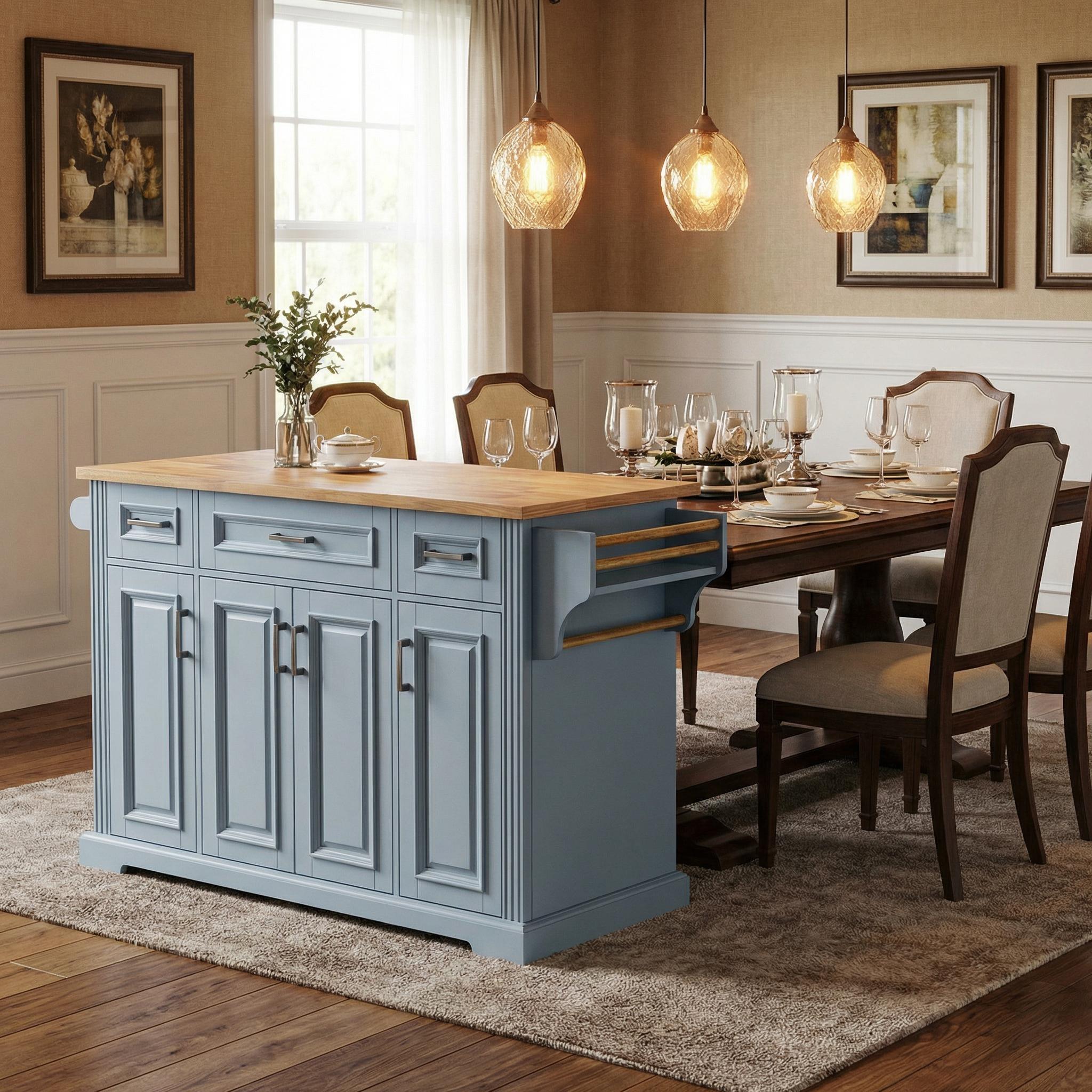 Annecy 54 inch gray rolling kitchen island with wood drop leaf countertop in a warm farmhouse dining room scene