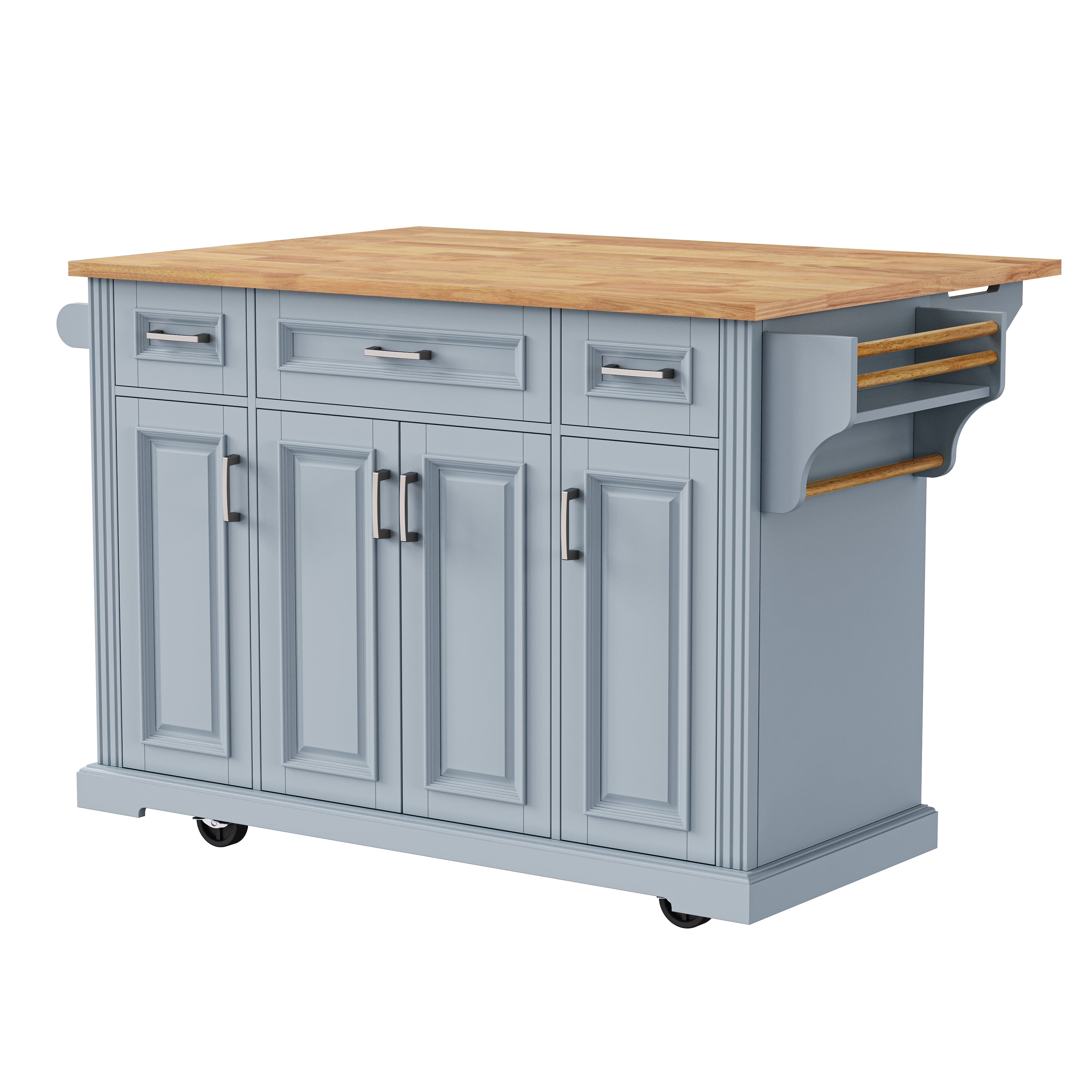 Annecy 54 inch gray rolling kitchen island with wood countertop storage drawers cabinet doors and towel rack side organizer