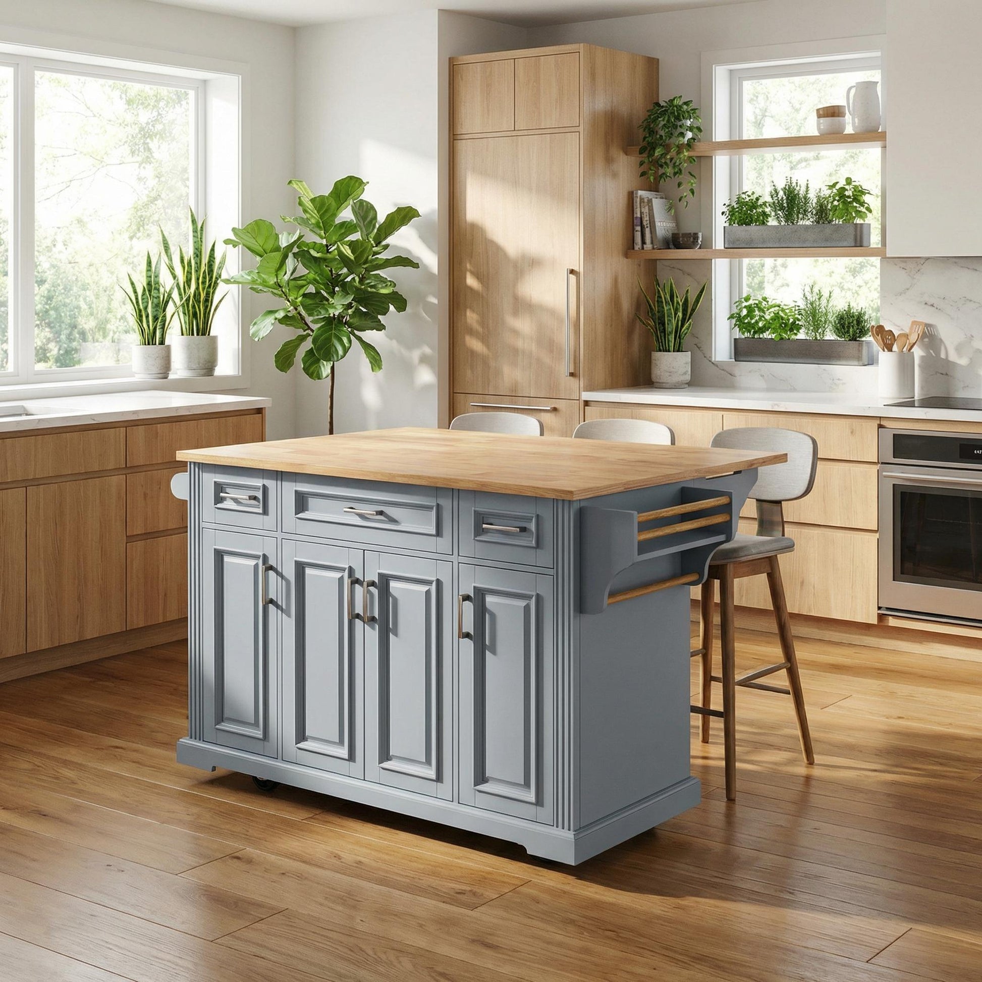 Annecy 54 inch gray rolling kitchen island with wood drop leaf countertop in a bright modern farmhouse kitchen interior