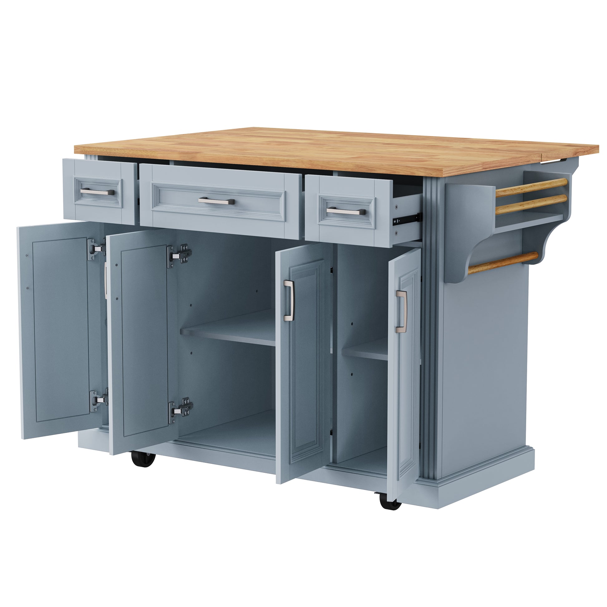 Annecy 54 inch gray rolling kitchen island with open cabinet doors drawers adjustable shelves and side towel rack storage view