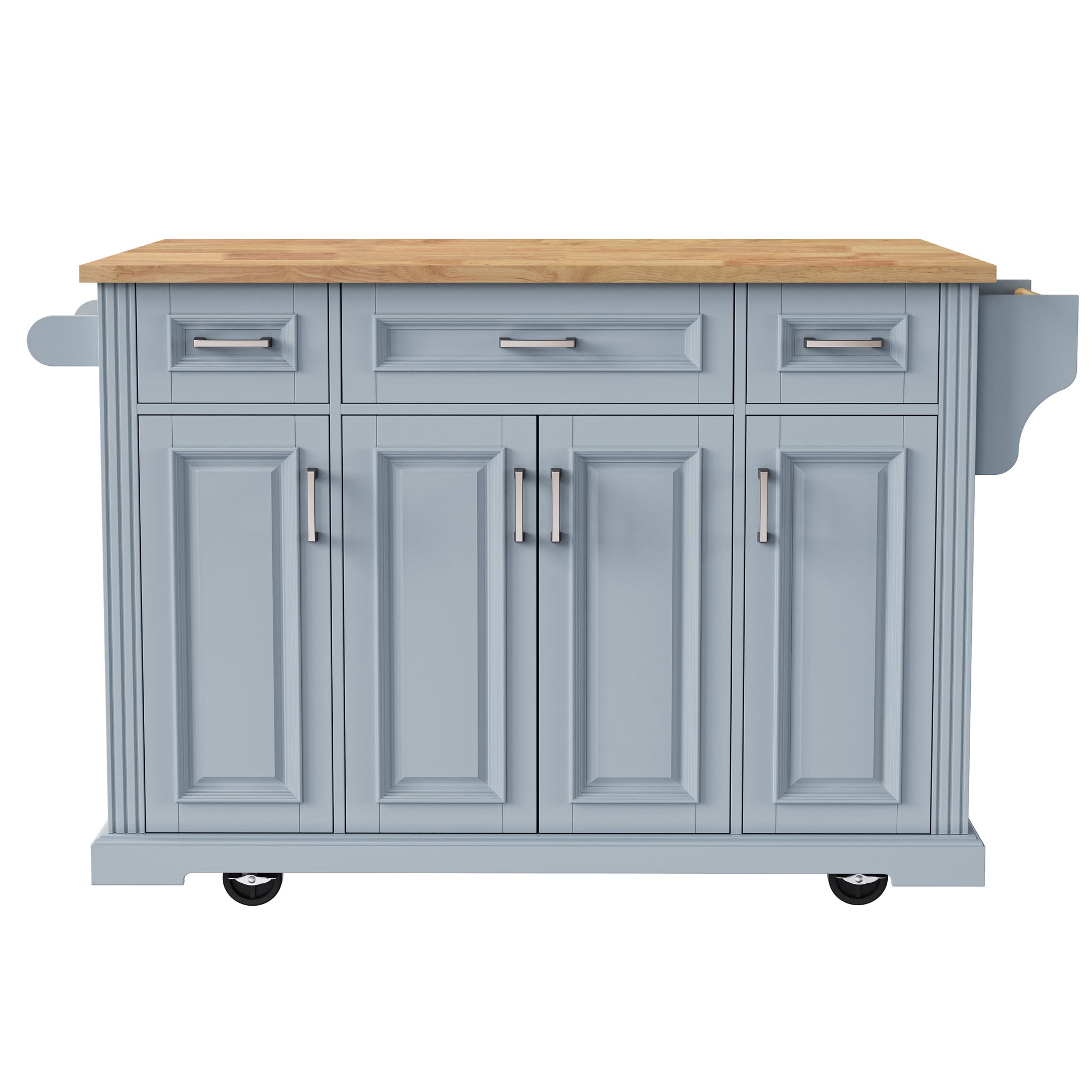 Annecy 54 inch gray rolling kitchen island with wood countertop three drawers four cabinet doors and caster wheels front view