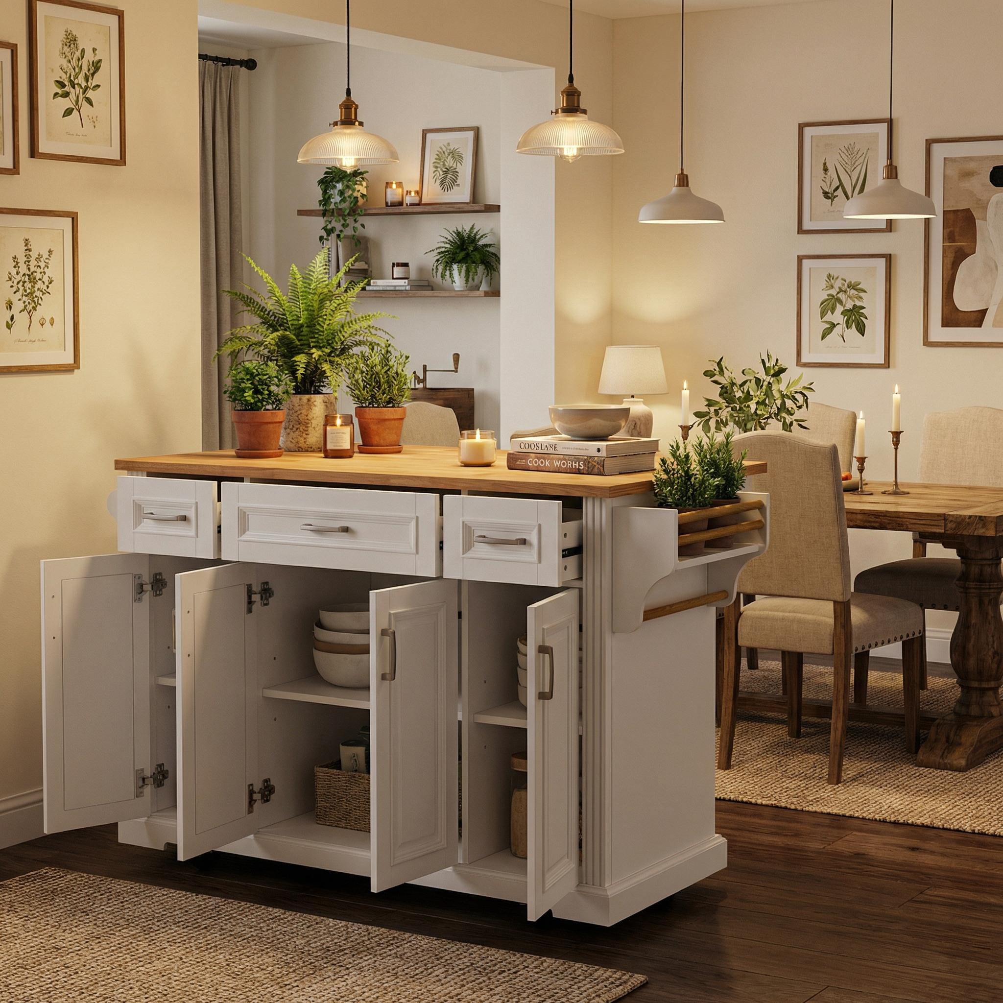Annecy 54 inch rolling kitchen island with open cabinet storage and wood countertop in a cozy farmhouse dining space