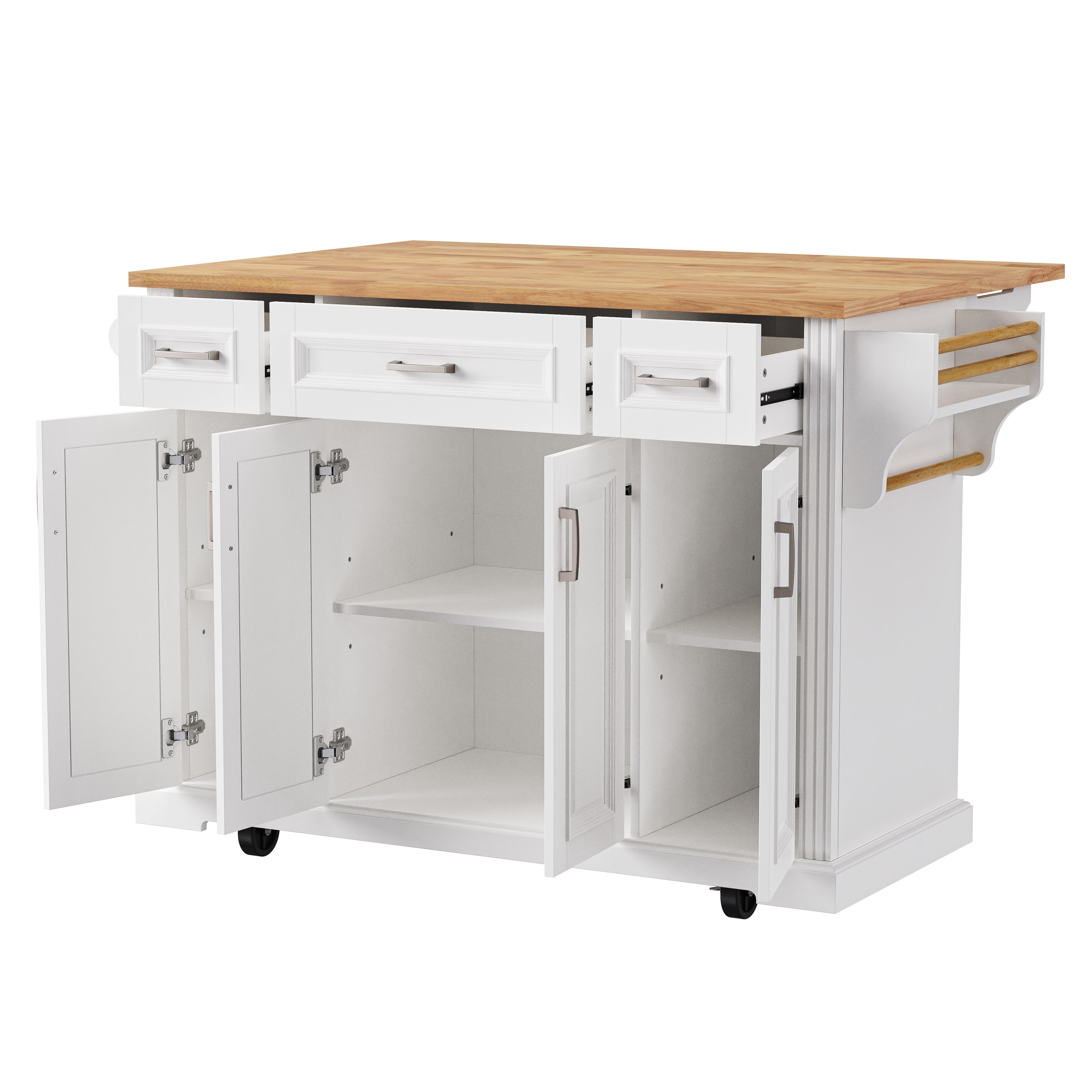 Annecy 54 inch white rolling kitchen island with open cabinet doors drawers and adjustable interior storage shelves
