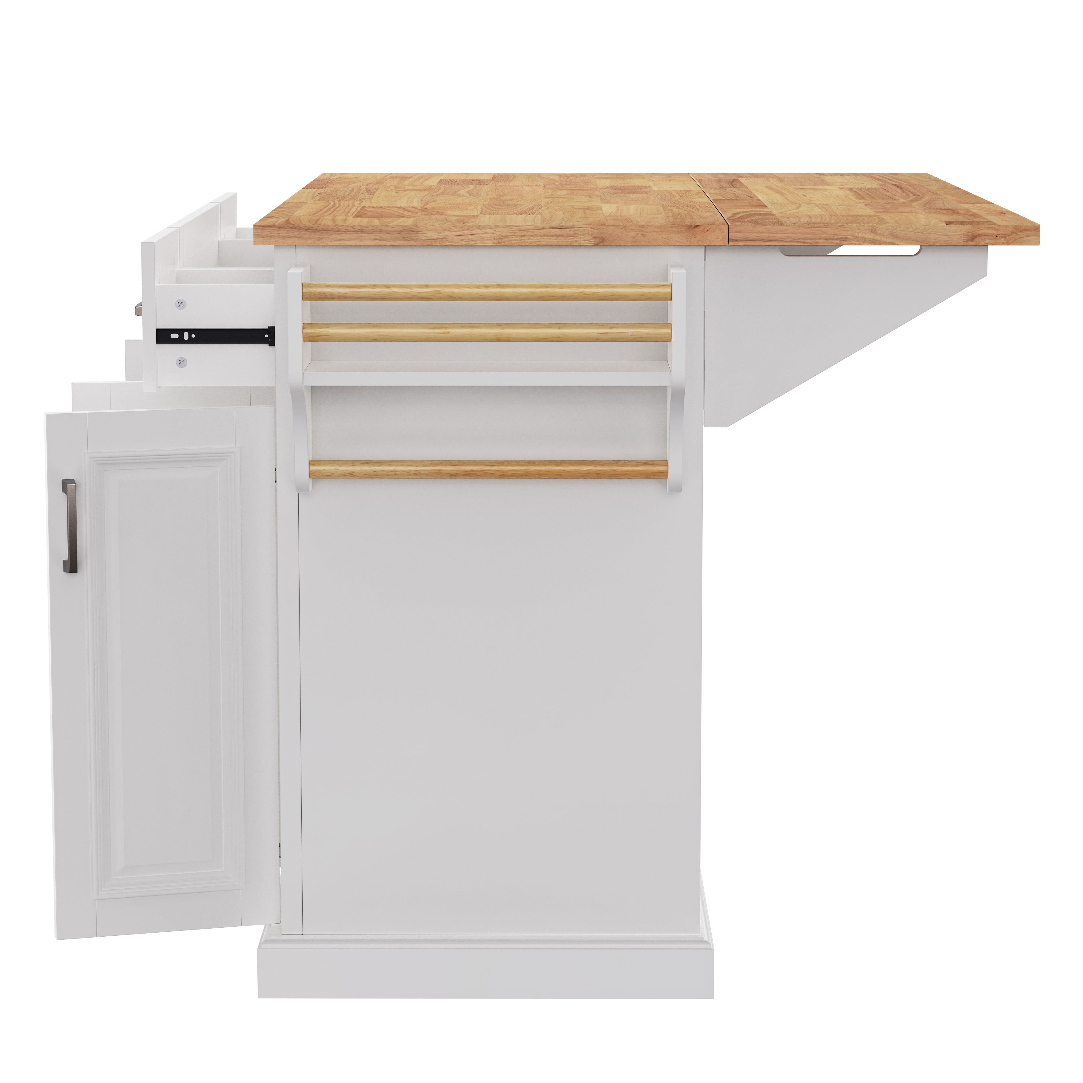 Annecy 54 inch white rolling kitchen island side view with extended wood drop leaf countertop towel rack and open storage drawer detail