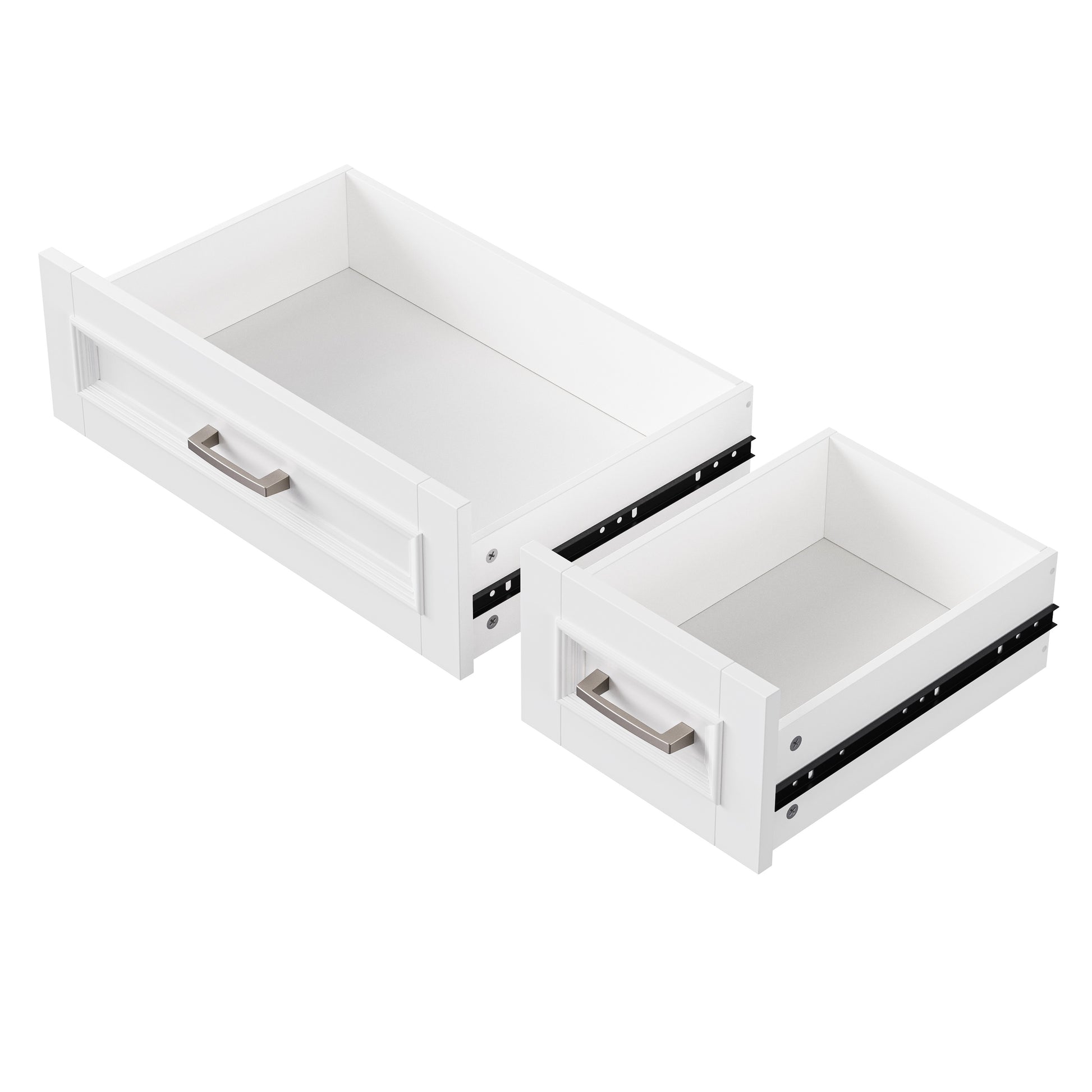 Annecy 54 inch white rolling kitchen island drawer detail with smooth slide storage drawers and brushed metal handles