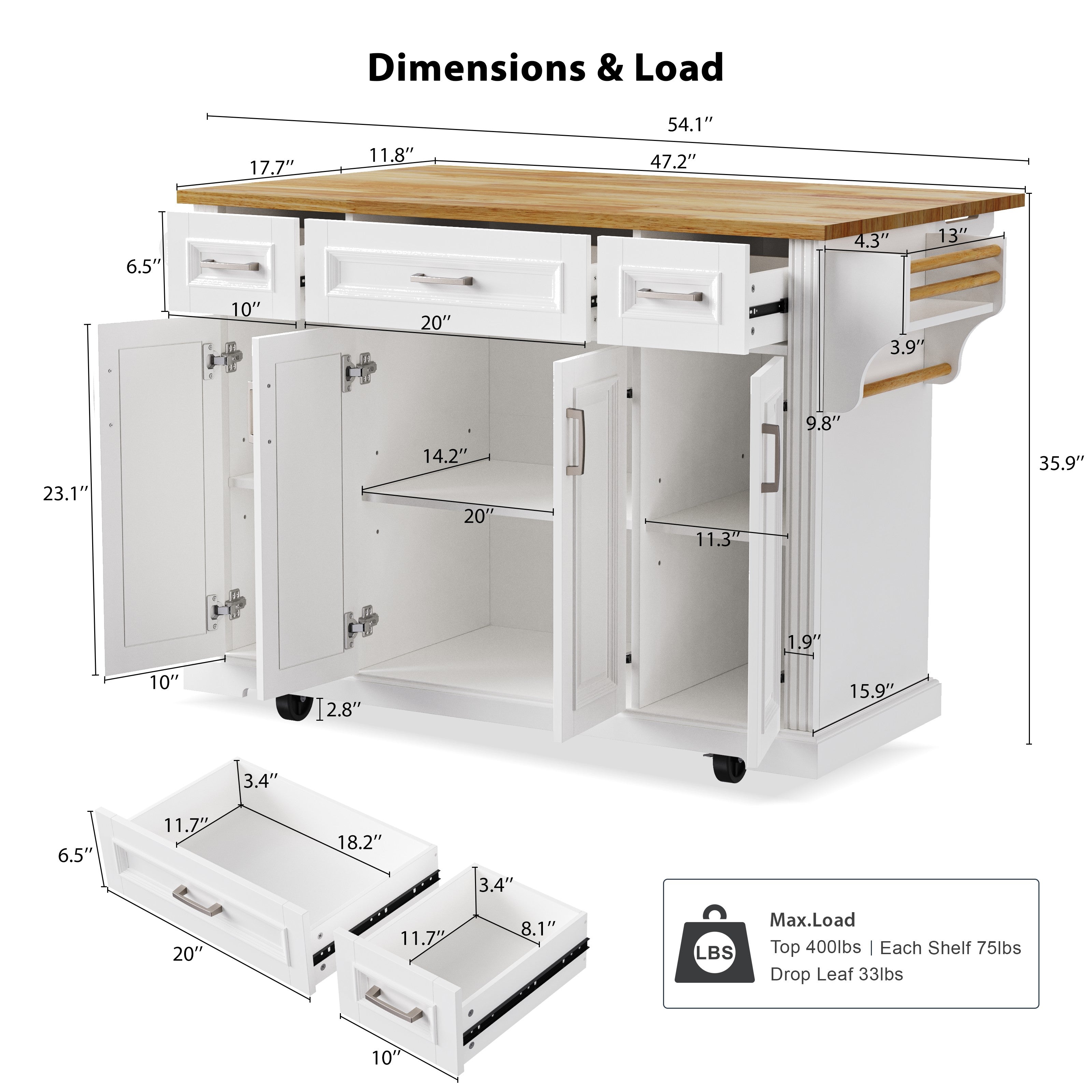 Annecy 54 inch white rolling kitchen island dimensions chart showing drawer sizes cabinet storage layout countertop measurements and weight load capacity details