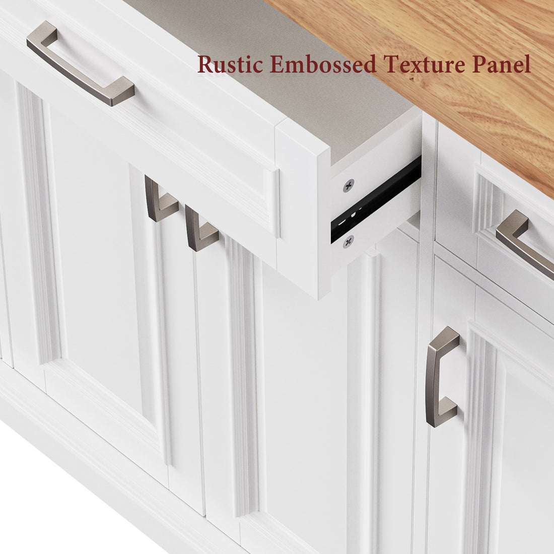 Annecy 54 inch white rolling kitchen island close up of embossed texture cabinet panels drawer storage and brushed metal handles detail view