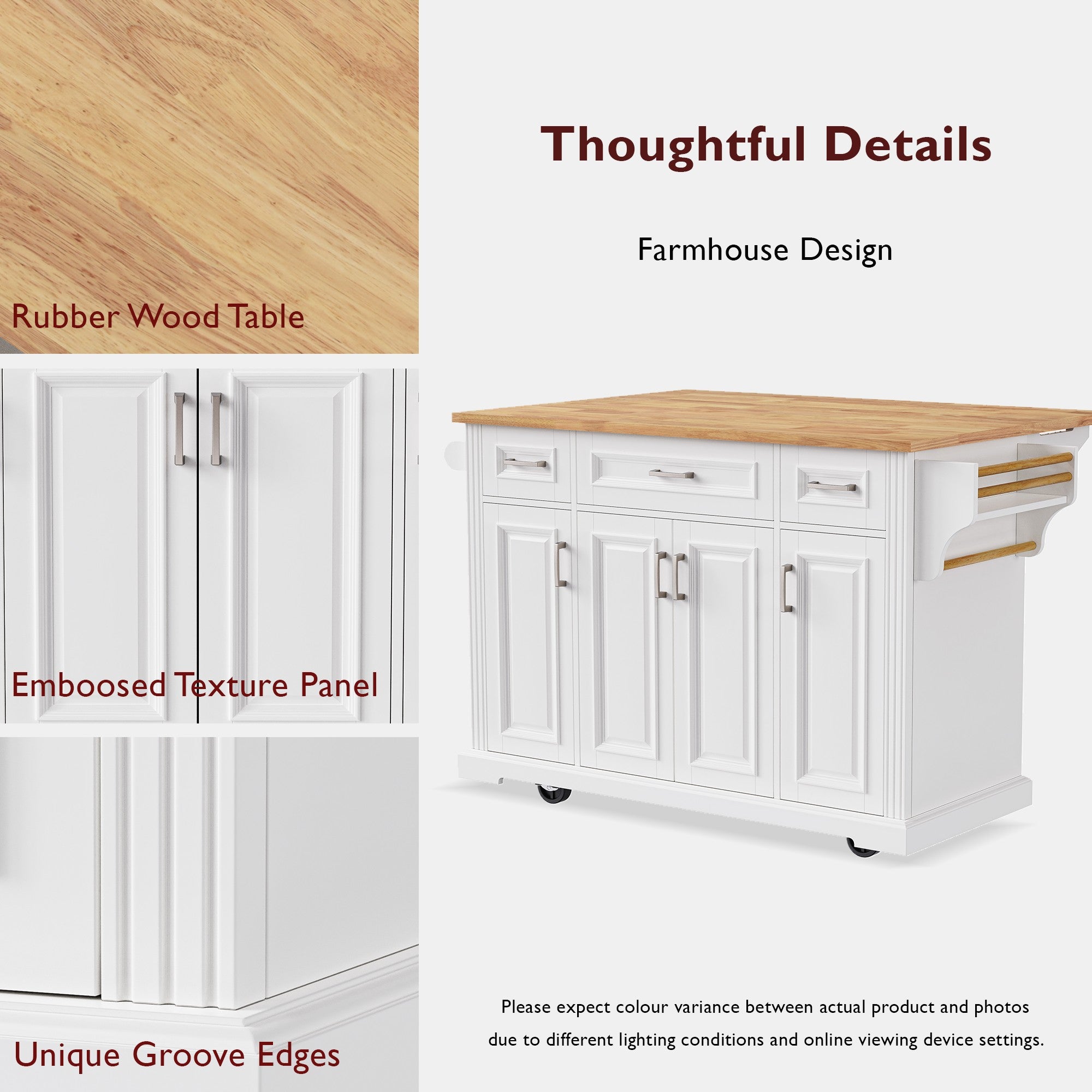Annecy 54 inch white rolling kitchen island farmhouse detail view featuring rubberwood countertop embossed texture cabinet panels and decorative groove edge design