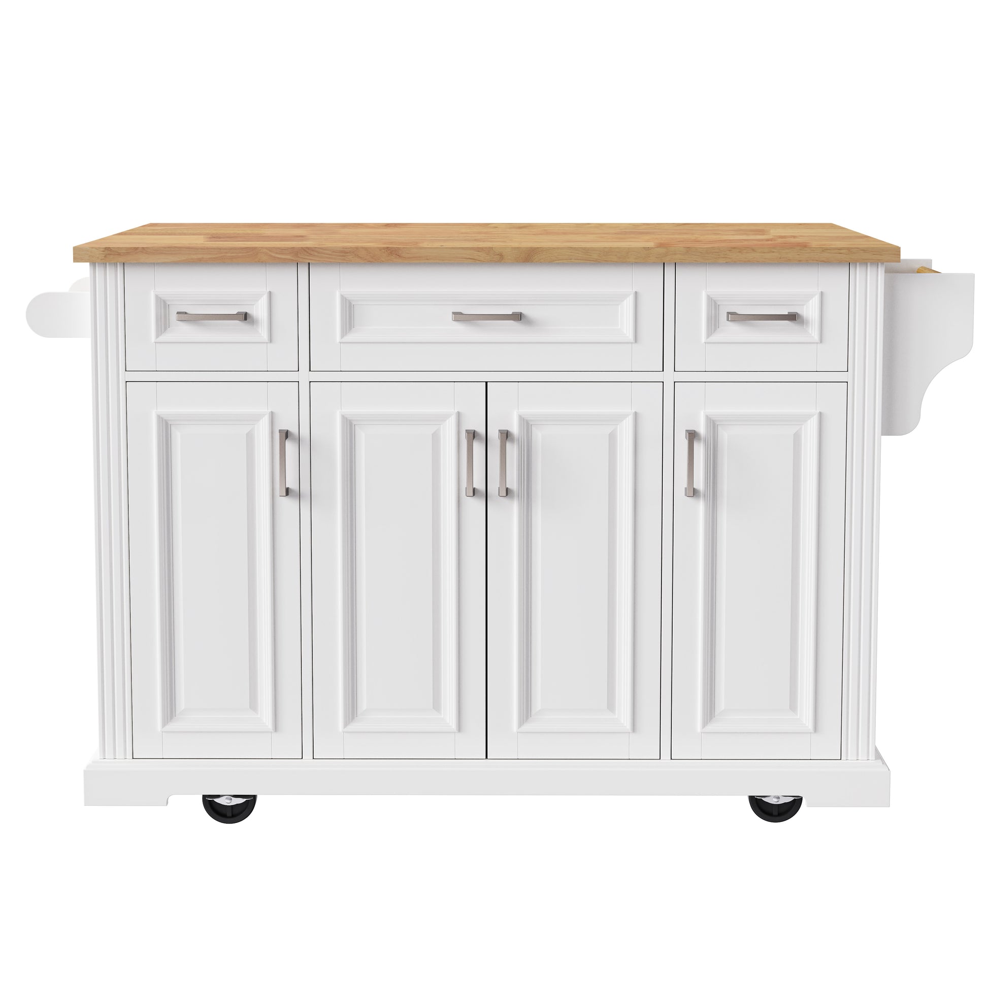 Annecy 54 inch white rolling kitchen island front view with wood countertop drawers cabinet doors and caster wheels