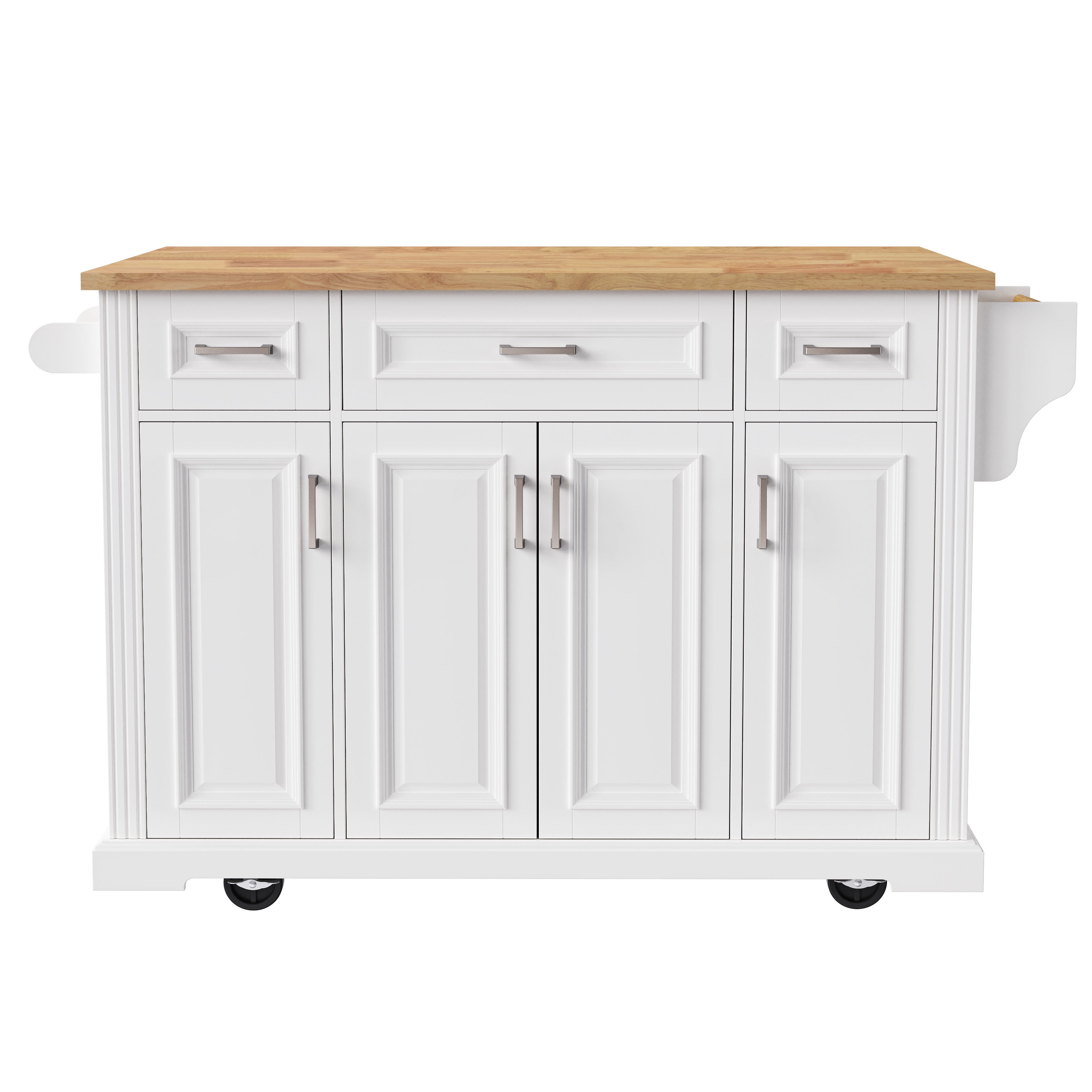 Annecy 54 inch white rolling kitchen island front view with wood countertop drawers cabinet doors and caster wheels