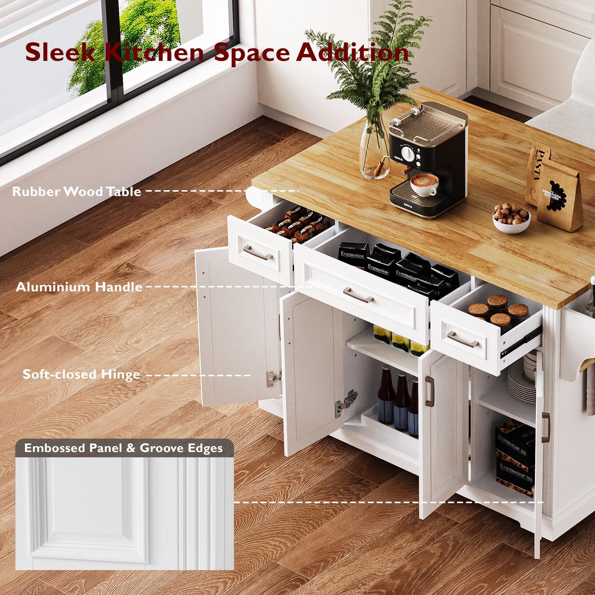 Annecy 54 inch white rolling kitchen island featuring rubberwood countertop soft close hinges embossed cabinet panels aluminum handles and spacious storage drawers cabinets design