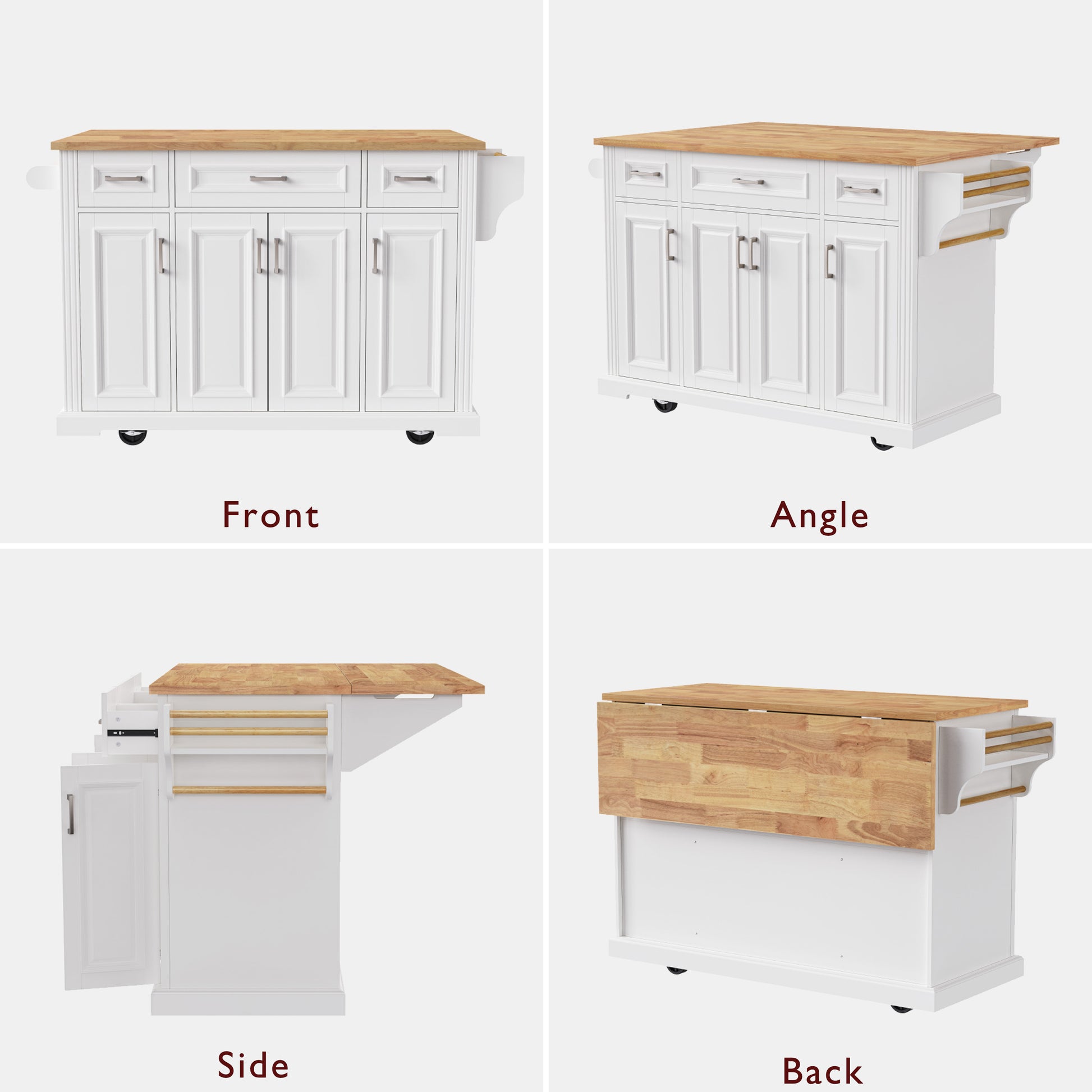 Annecy 54 inch white rolling kitchen island multi angle product views showing front side back storage cabinet and drop leaf countertop design