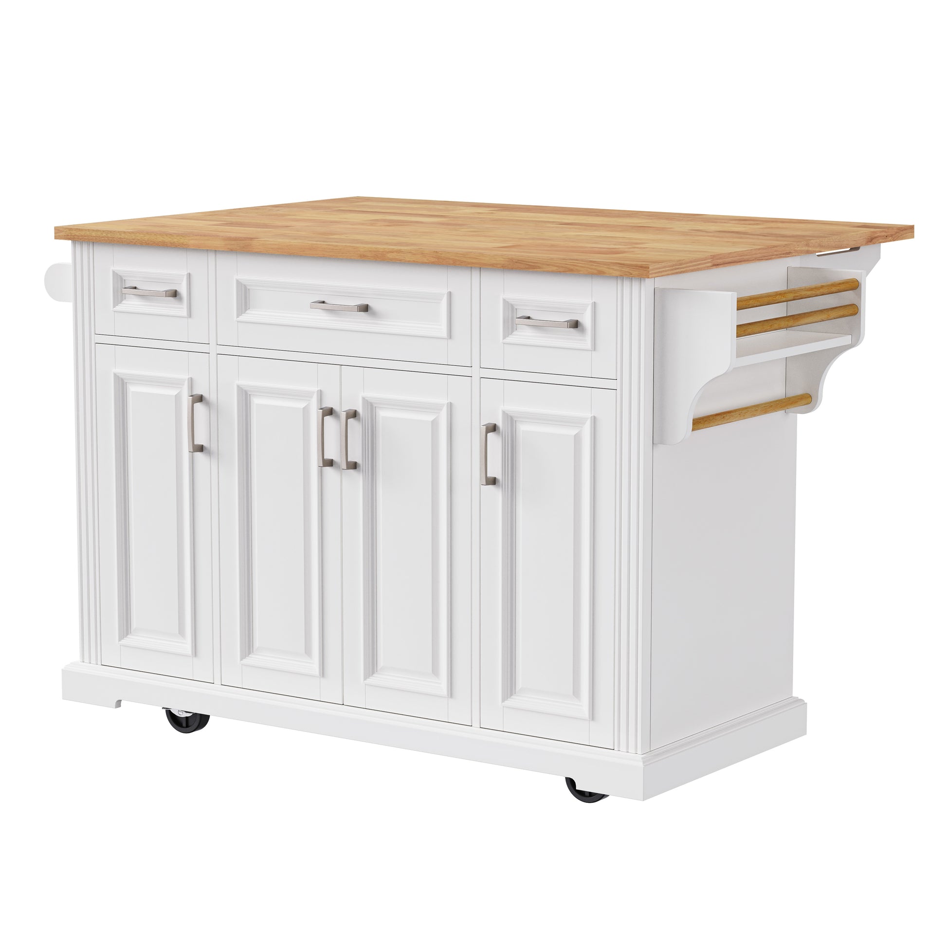 Annecy 54 inch white rolling kitchen island with wood drop leaf countertop drawers cabinet storage and towel rack side holder