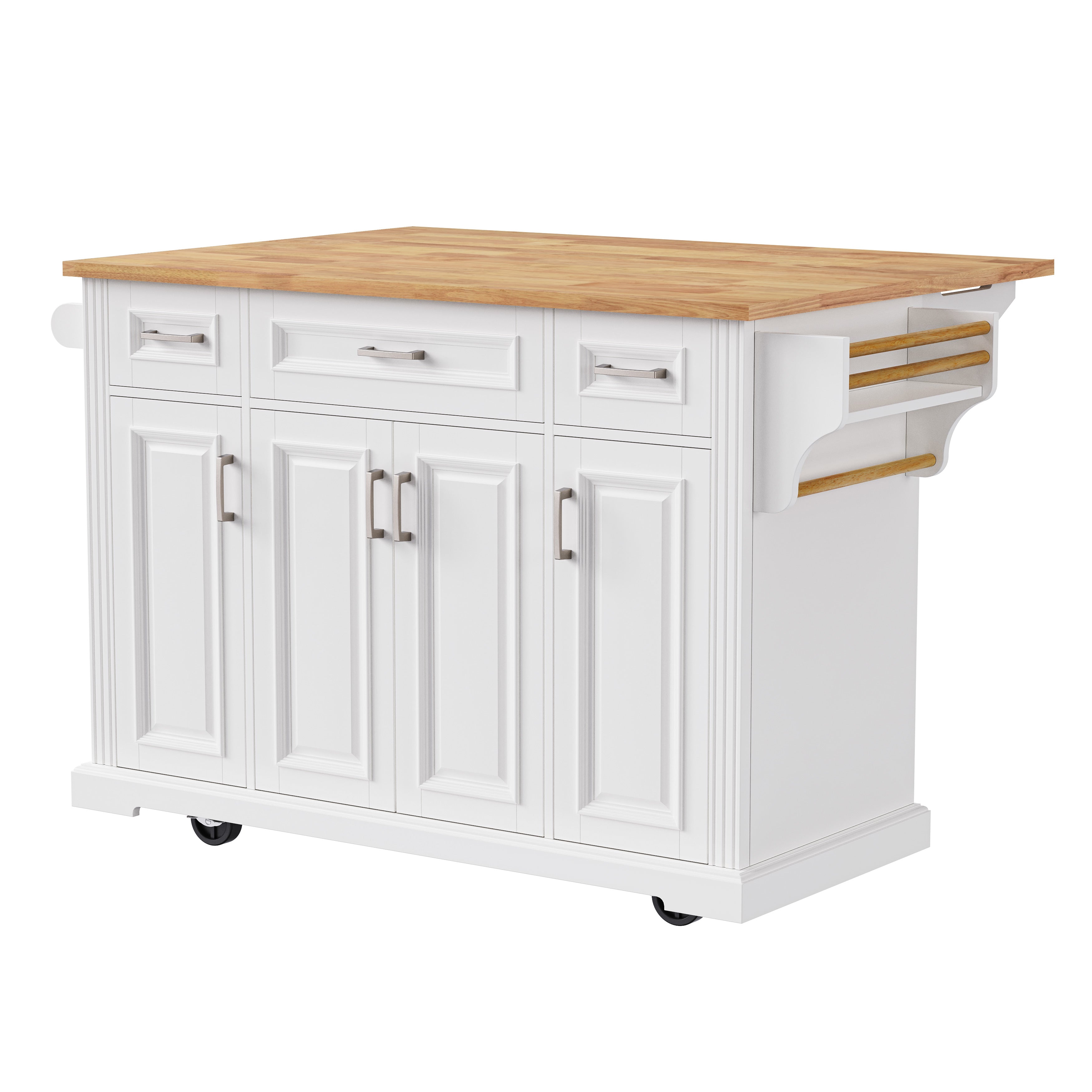 Annecy 54 inch white rolling kitchen island with wood drop leaf countertop drawers cabinet storage and towel rack side holder