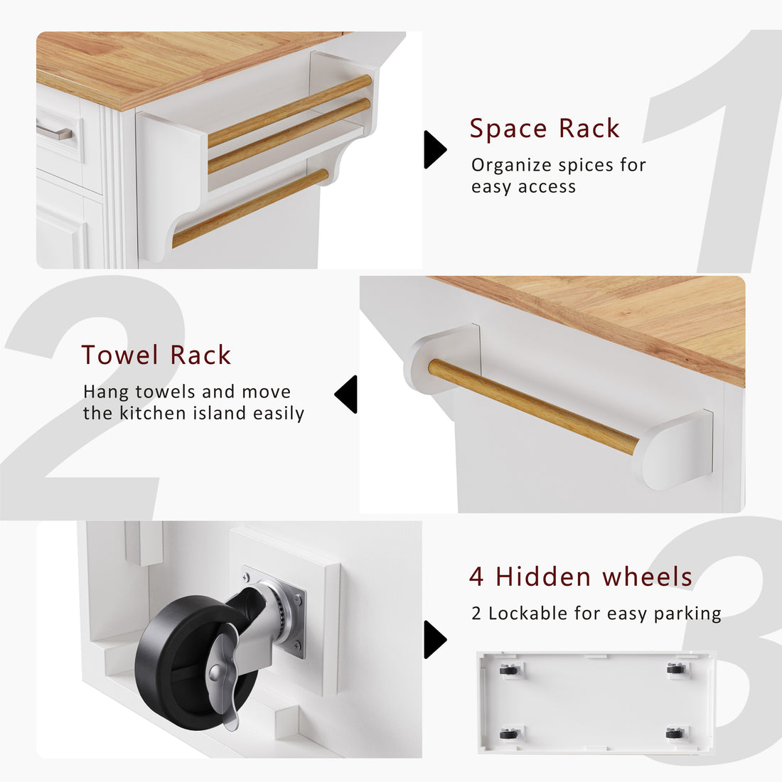 Annecy 54 inch white rolling kitchen island detail view with spice rack towel bar hidden caster wheels and lockable rolling design