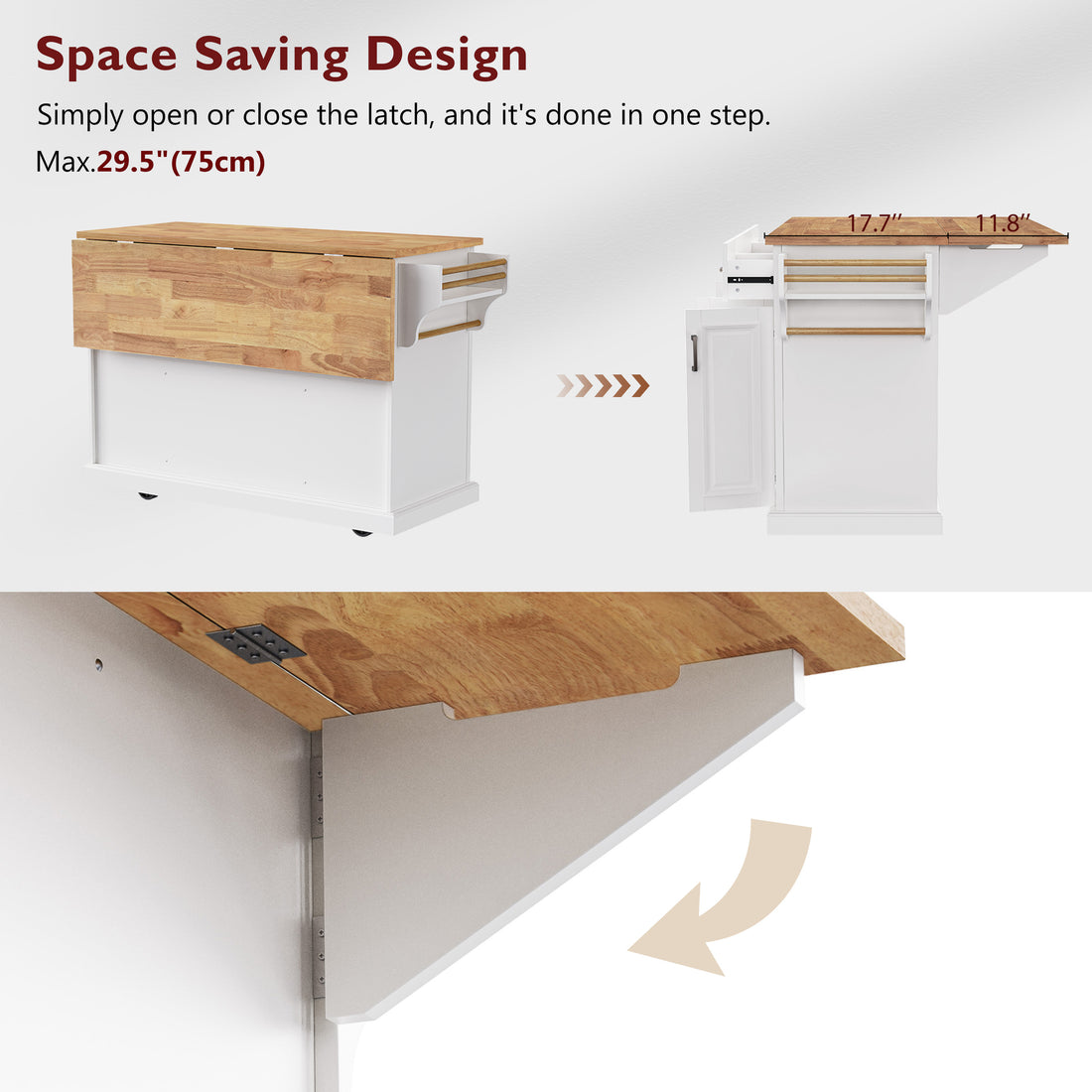 Annecy 54 inch white rolling kitchen island with foldable drop leaf countertop space saving design and expandable kitchen workspace feature