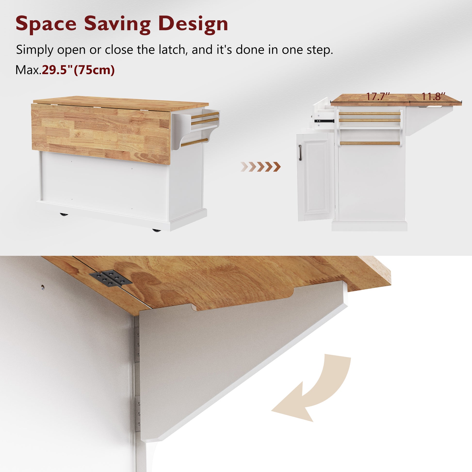 Annecy 54 inch white rolling kitchen island with foldable drop leaf countertop space saving design and expandable kitchen workspace feature