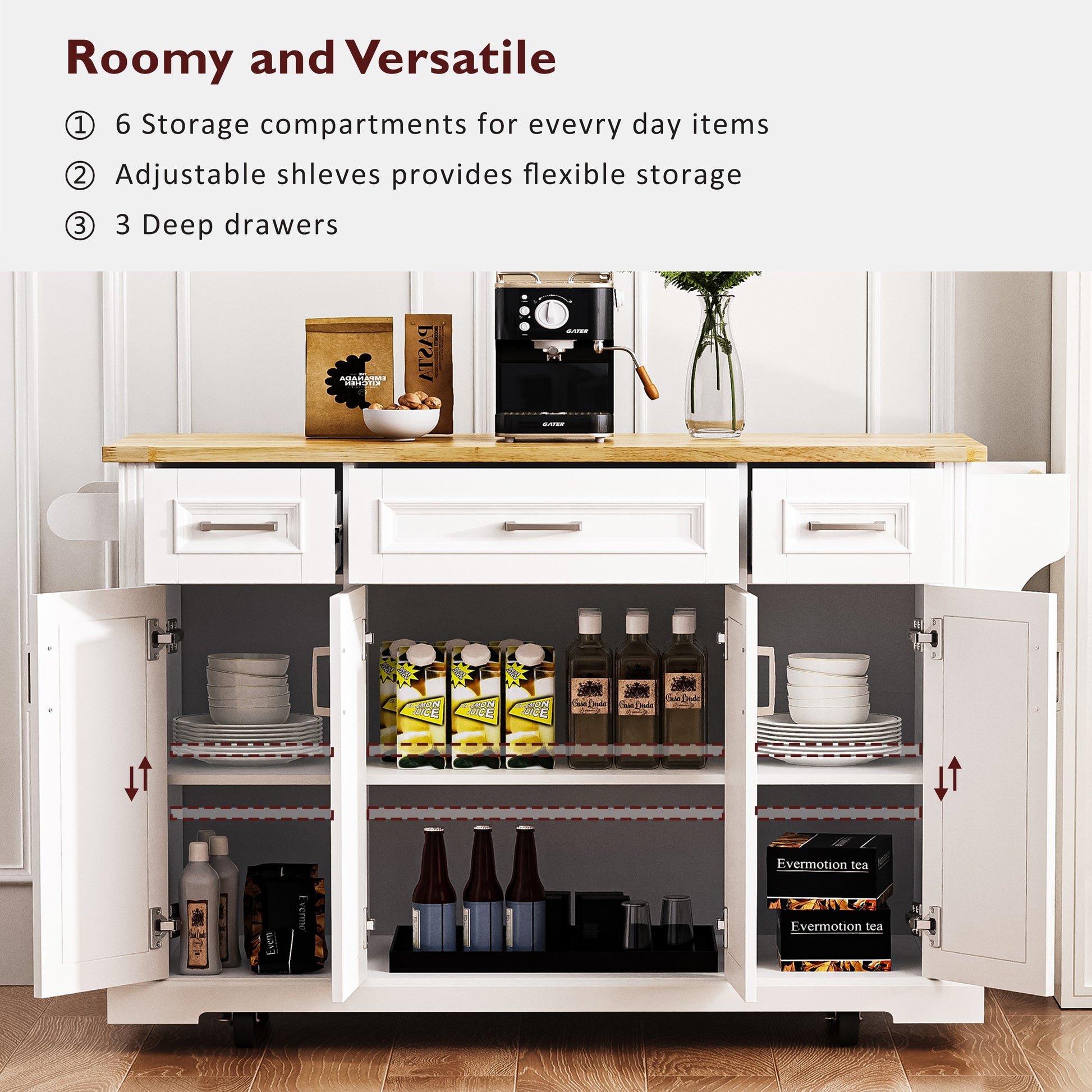 Annecy 54 inch white rolling kitchen island with adjustable shelves deep drawers multi compartment storage and wood countertop display scene