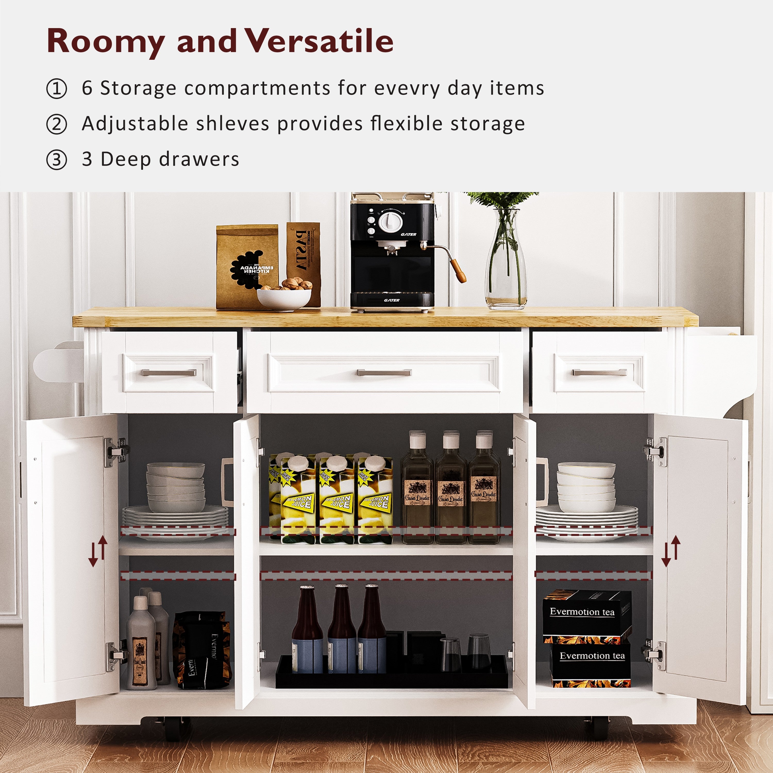 Annecy 54 inch white rolling kitchen island with adjustable shelves deep drawers multi compartment storage and wood countertop display scene