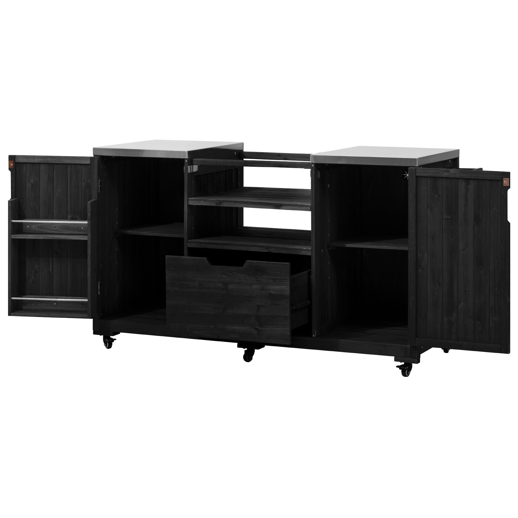 Antibes black outdoor kitchen island showing open cabinet storage shelves pull-out drawer and grill-ready center compartment with doors open
