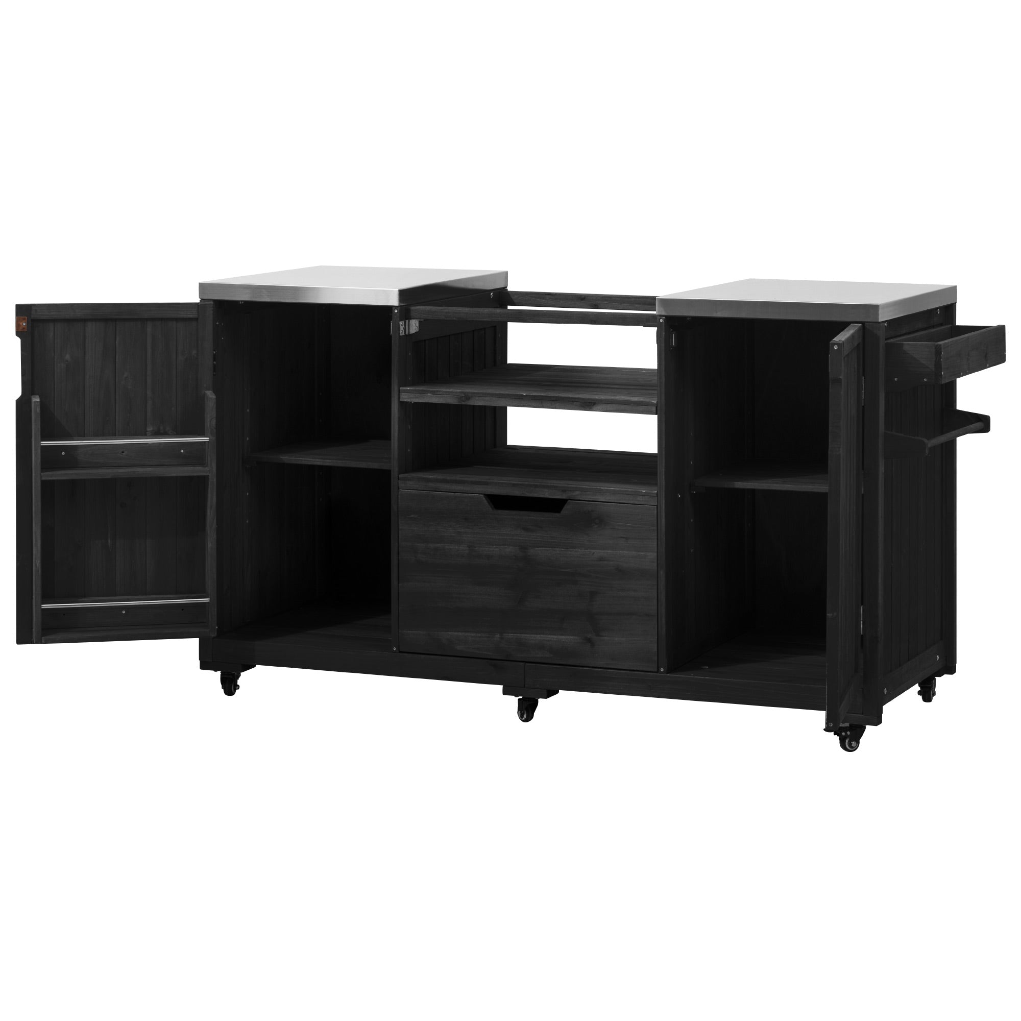 Antibes black outdoor kitchen island showing dual cabinet storage adjustable shelves center drawer and interior organization space with doors open