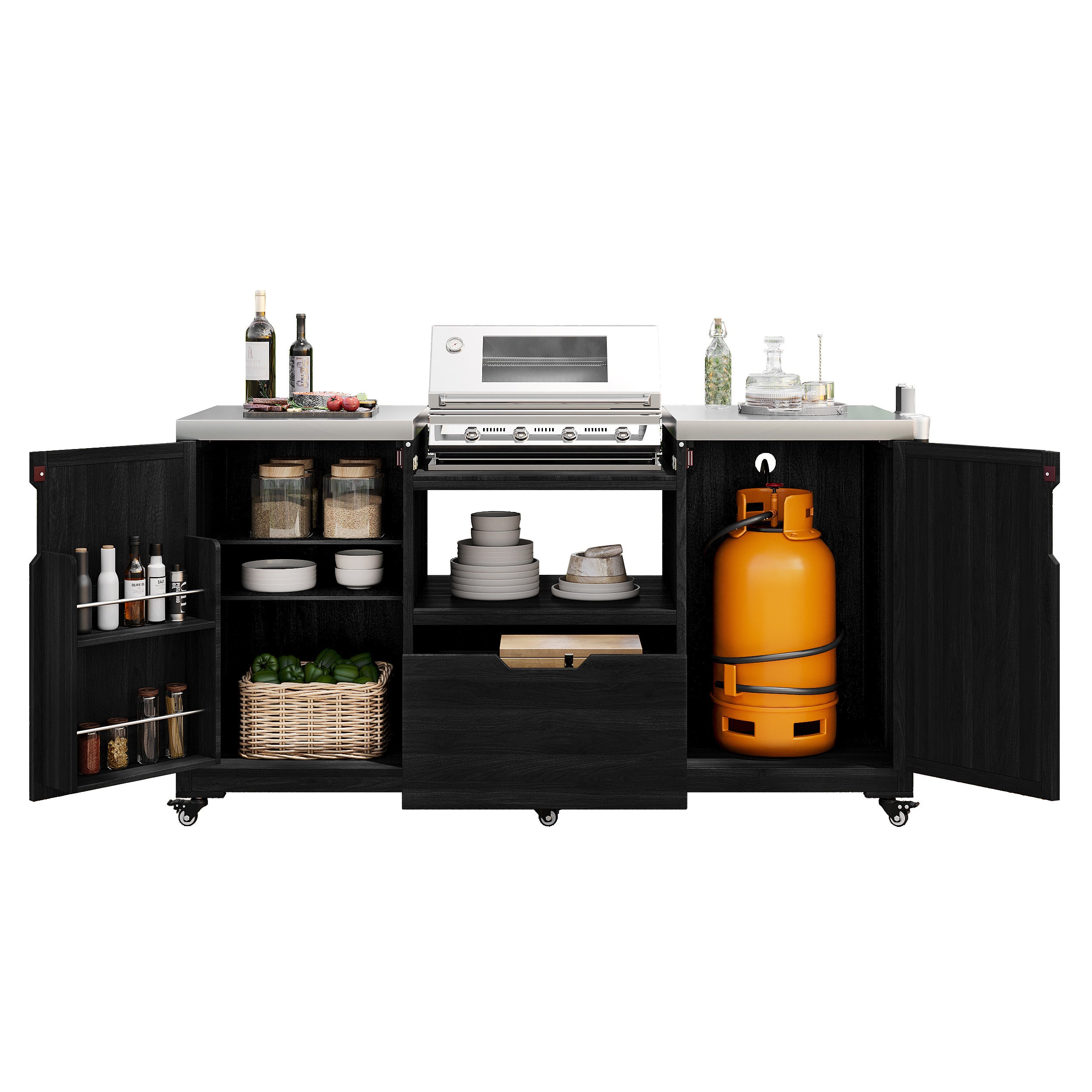 Antibes black outdoor kitchen island showing grill-compatible center opening spice storage shelves pull-out drawer and propane tank compartment with doors open