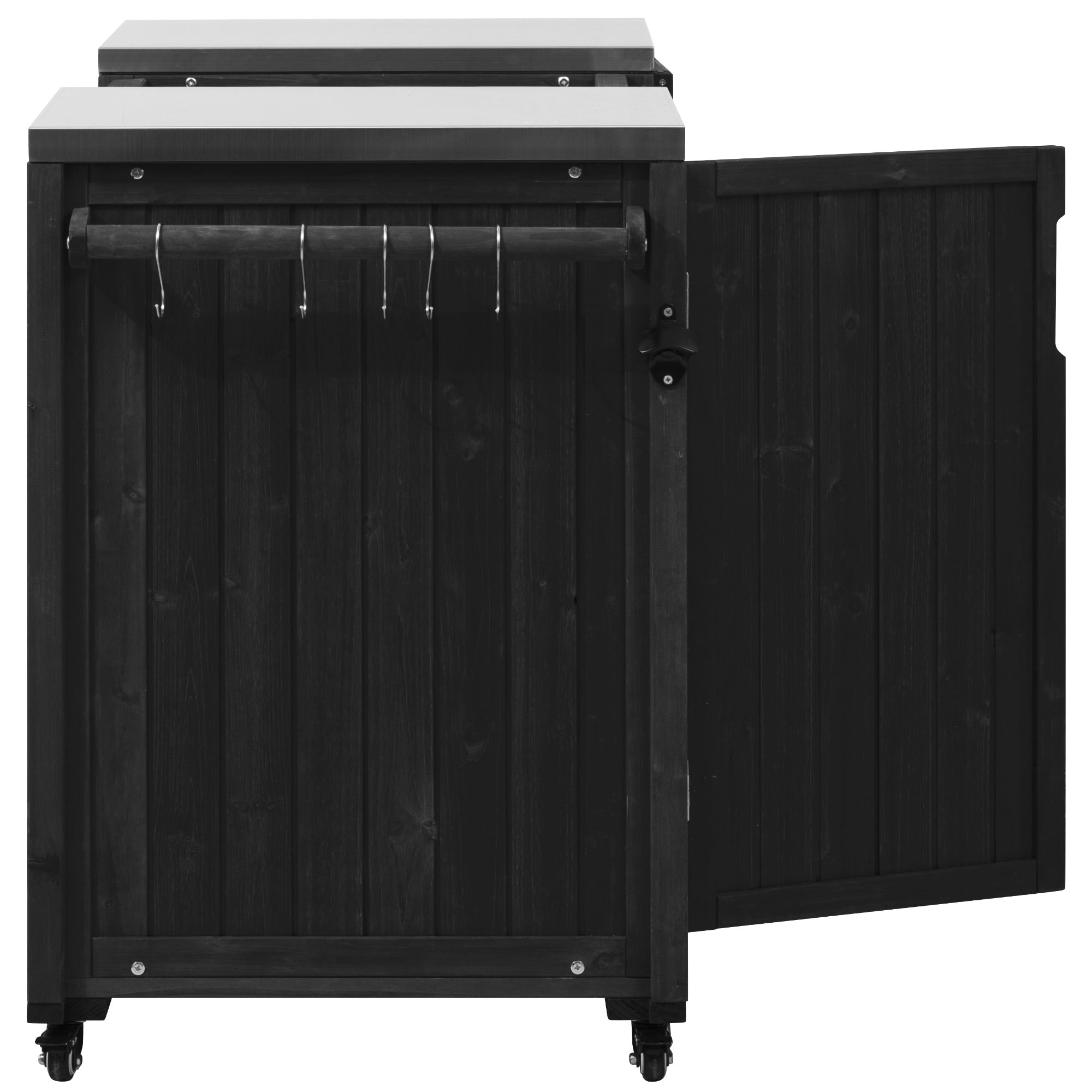 Antibes black outdoor kitchen island showing side utensil hanging rack with metal hooks for grilling tools and outdoor cooking accessories