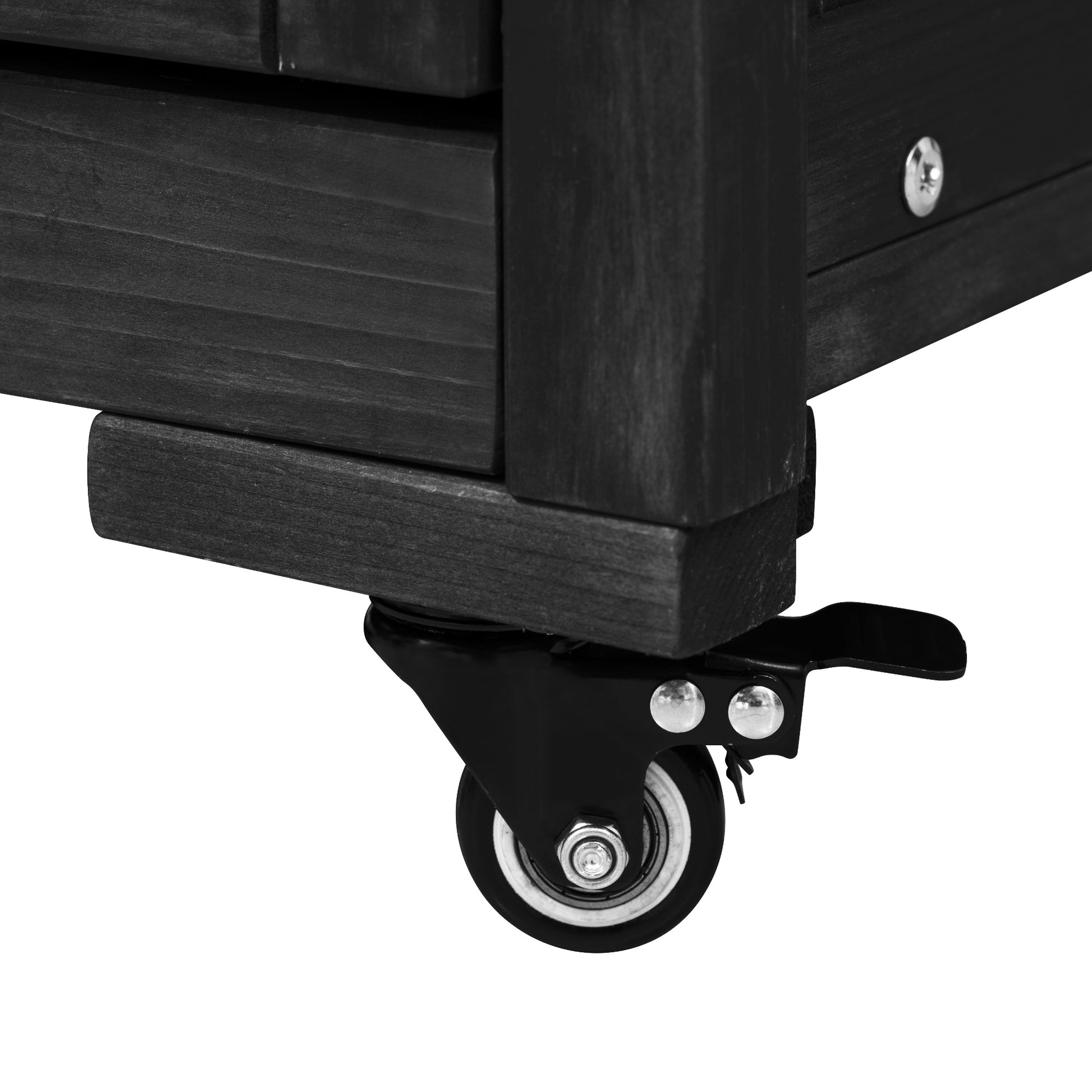 Antibes black outdoor kitchen island showing lockable caster wheel for smooth mobility and stable positioning on patios decks and outdoor kitchens