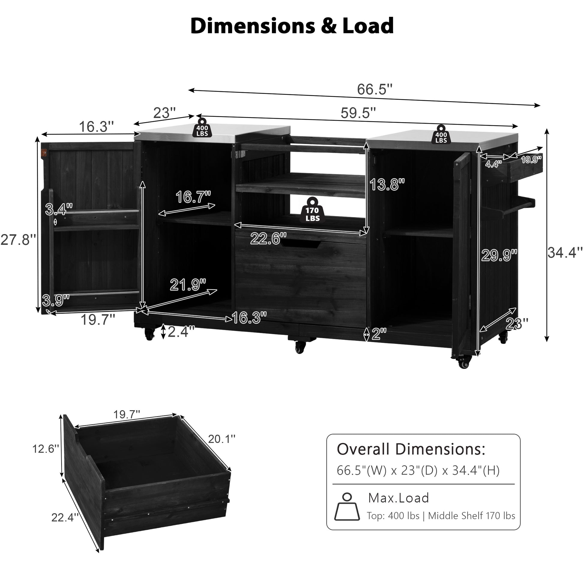 Antibes black outdoor kitchen island showing overall dimensions storage compartment measurements and weight capacity specifications