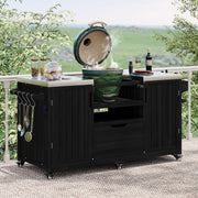 Antibes black outdoor kitchen island showing kamado grill setup with stainless steel countertops storage cabinets and outdoor cooking workspace