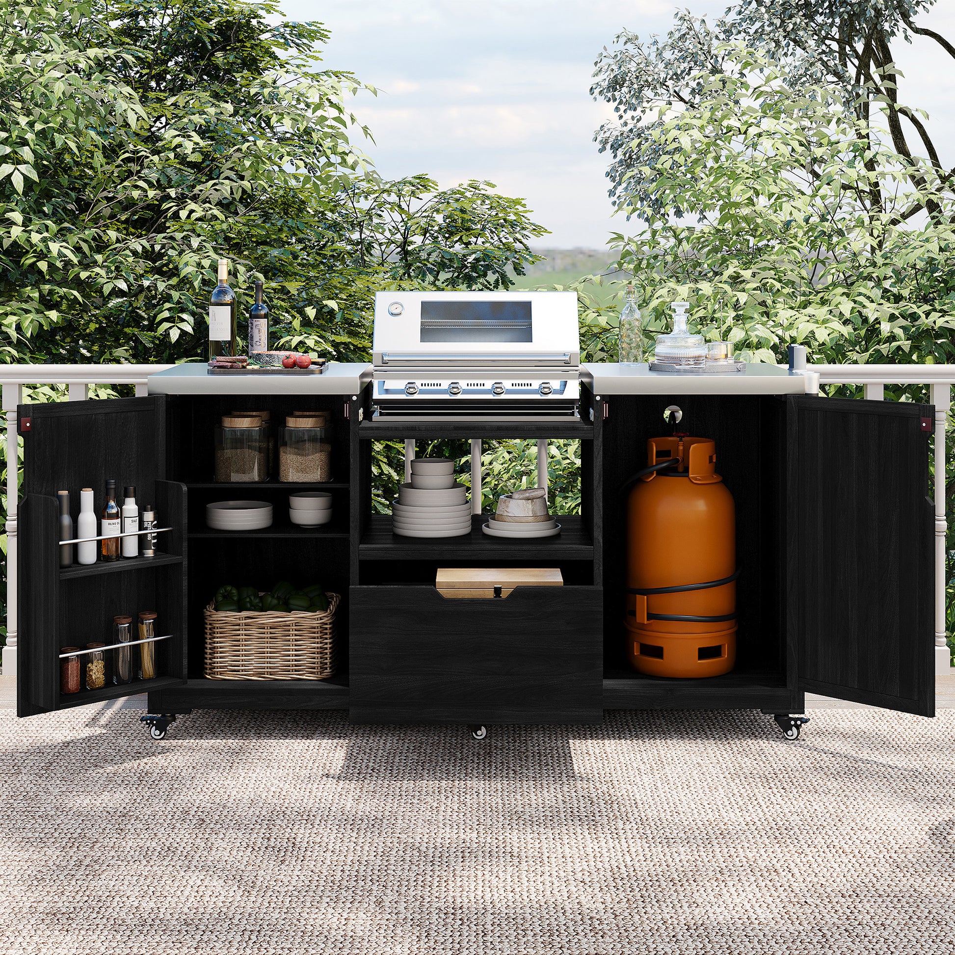 Antibes black outdoor kitchen island showing grill-compatible center opening cabinet storage spice racks propane tank compartment and outdoor cooking organization