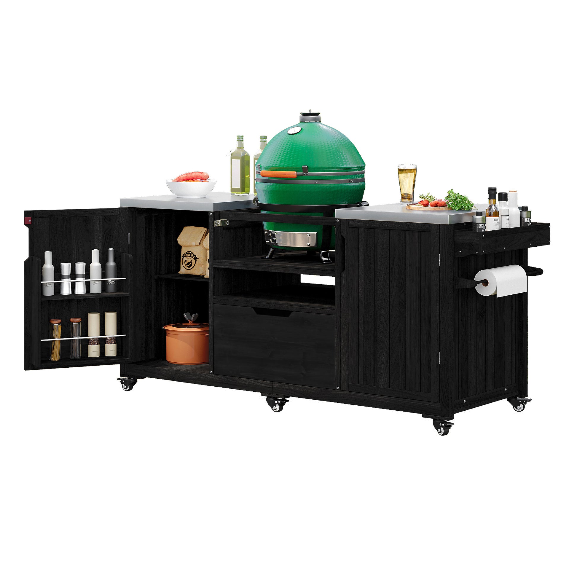 Antibes black outdoor kitchen island showing kamado grill installation spice rack paper towel holder storage shelves and outdoor BBQ cooking station