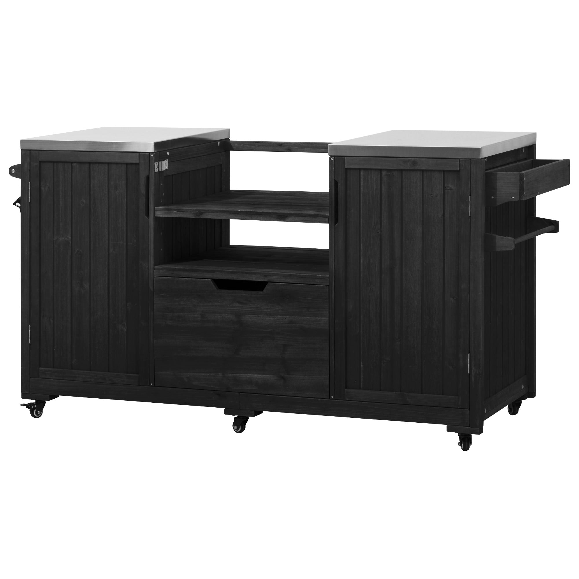 Antibes black outdoor kitchen island showing stainless steel countertops center grill opening storage shelves drawer and side accessory racks