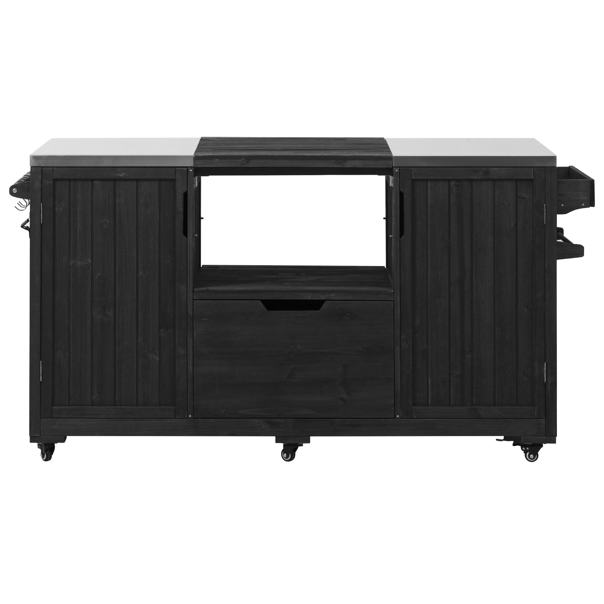 Antibes black outdoor kitchen island showing front view with stainless steel countertops grill-compatible center opening storage drawer and cabinet doors