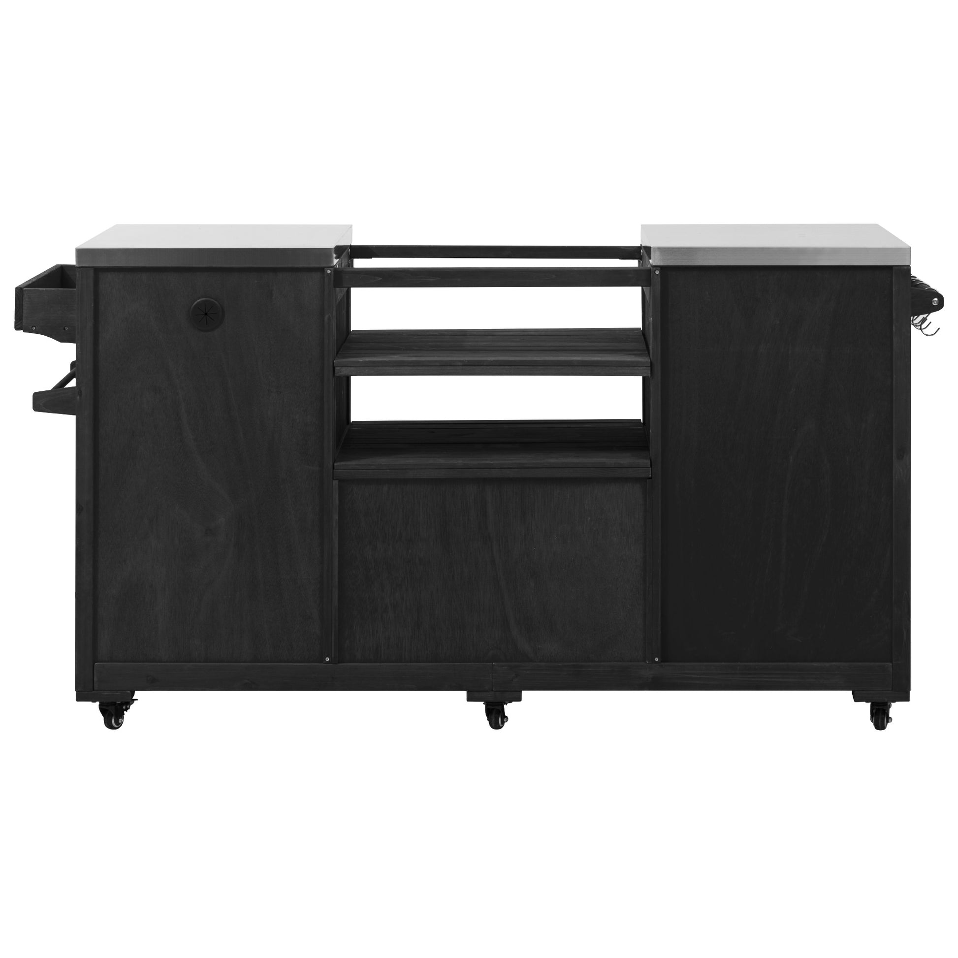 Antibes black outdoor kitchen island showing rear view with open center grill compartment storage shelves and mobile outdoor kitchen design