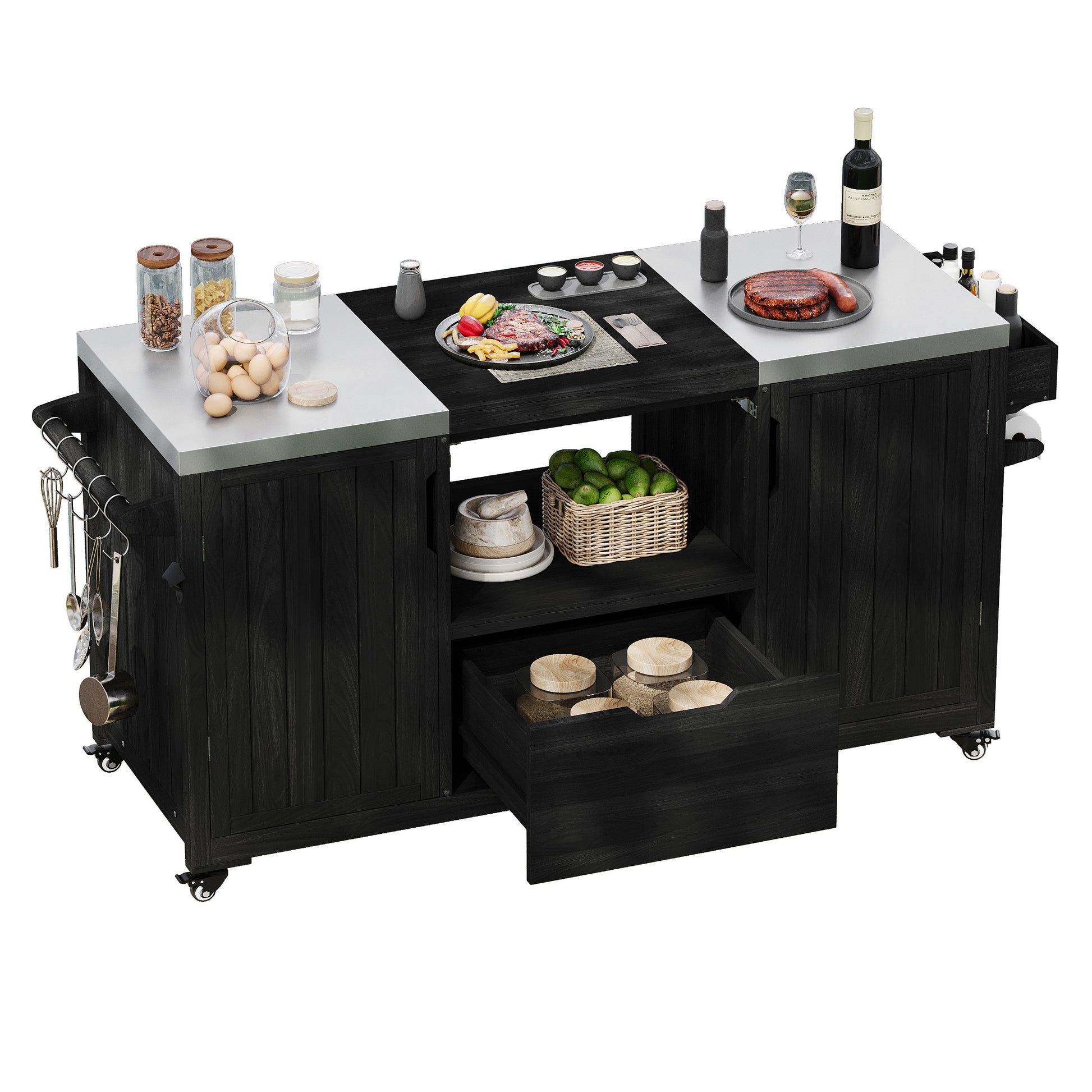 Antibes black outdoor kitchen island showing stainless steel countertops center grill opening storage shelf pull-out drawer and side accessory racks