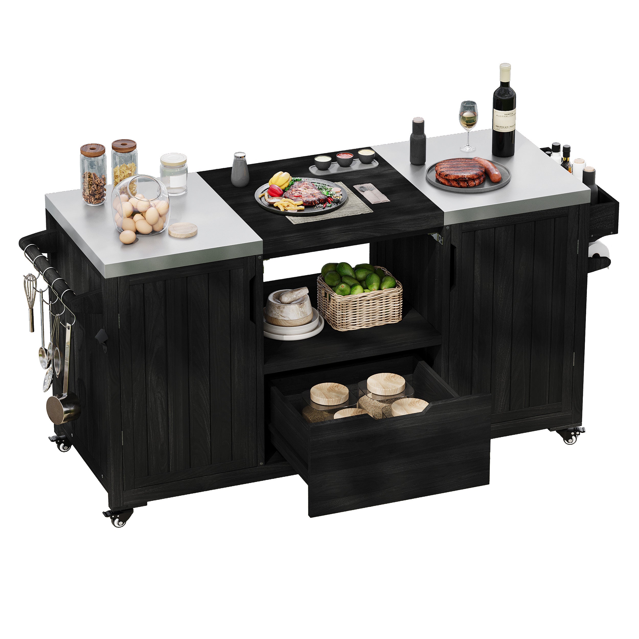 Antibes black outdoor kitchen island showing stainless steel countertops center grill opening storage shelf pull-out drawer and side accessory racks