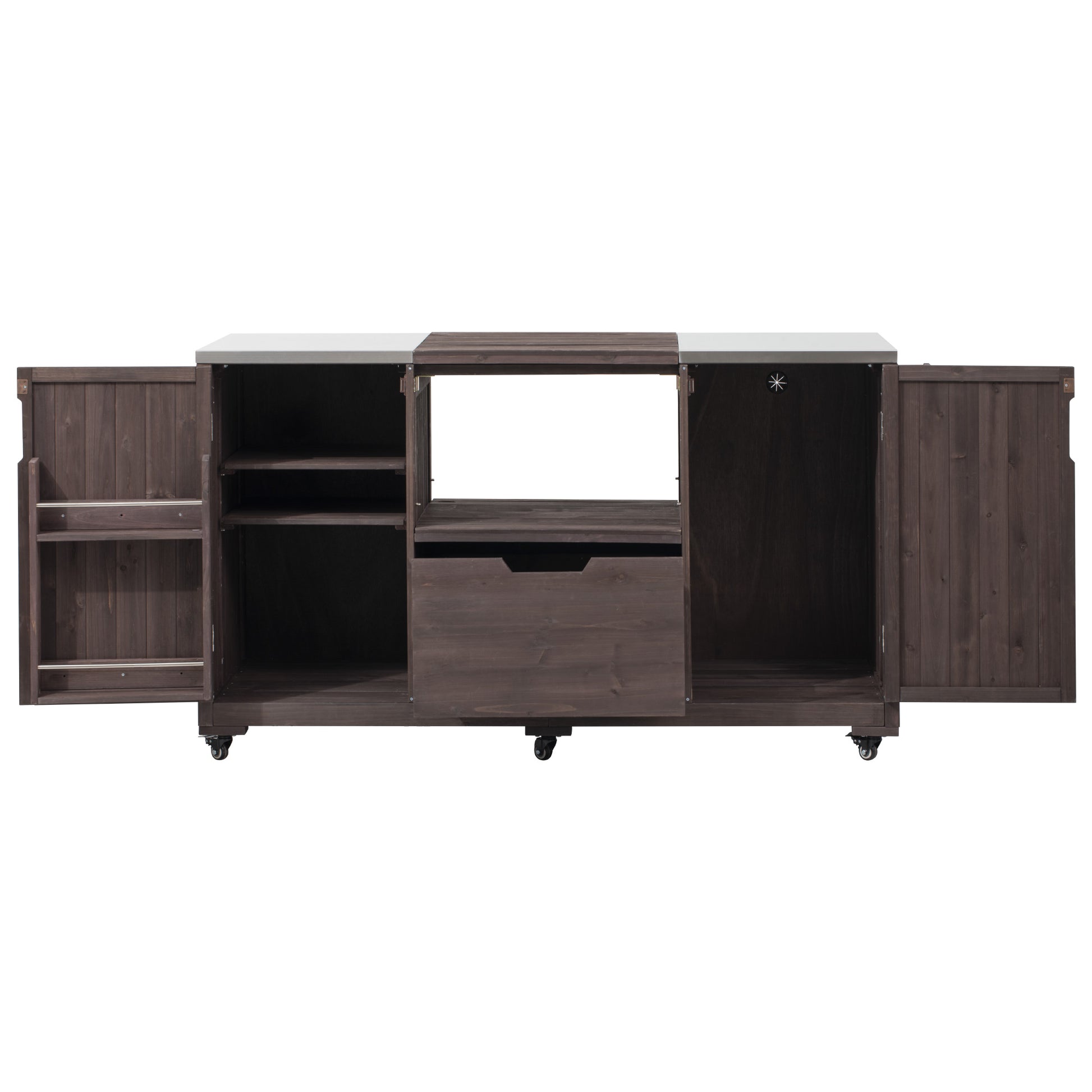 Antibes dark brown outdoor kitchen island showing grill-compatible center opening storage shelves pull-out drawer large cabinet compartments and door-mounted racks
