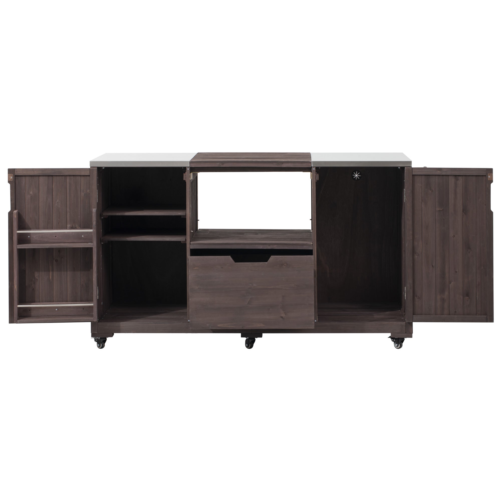 Antibes dark brown outdoor kitchen island showing grill-compatible center opening storage shelves pull-out drawer large cabinet compartments and door-mounted racks