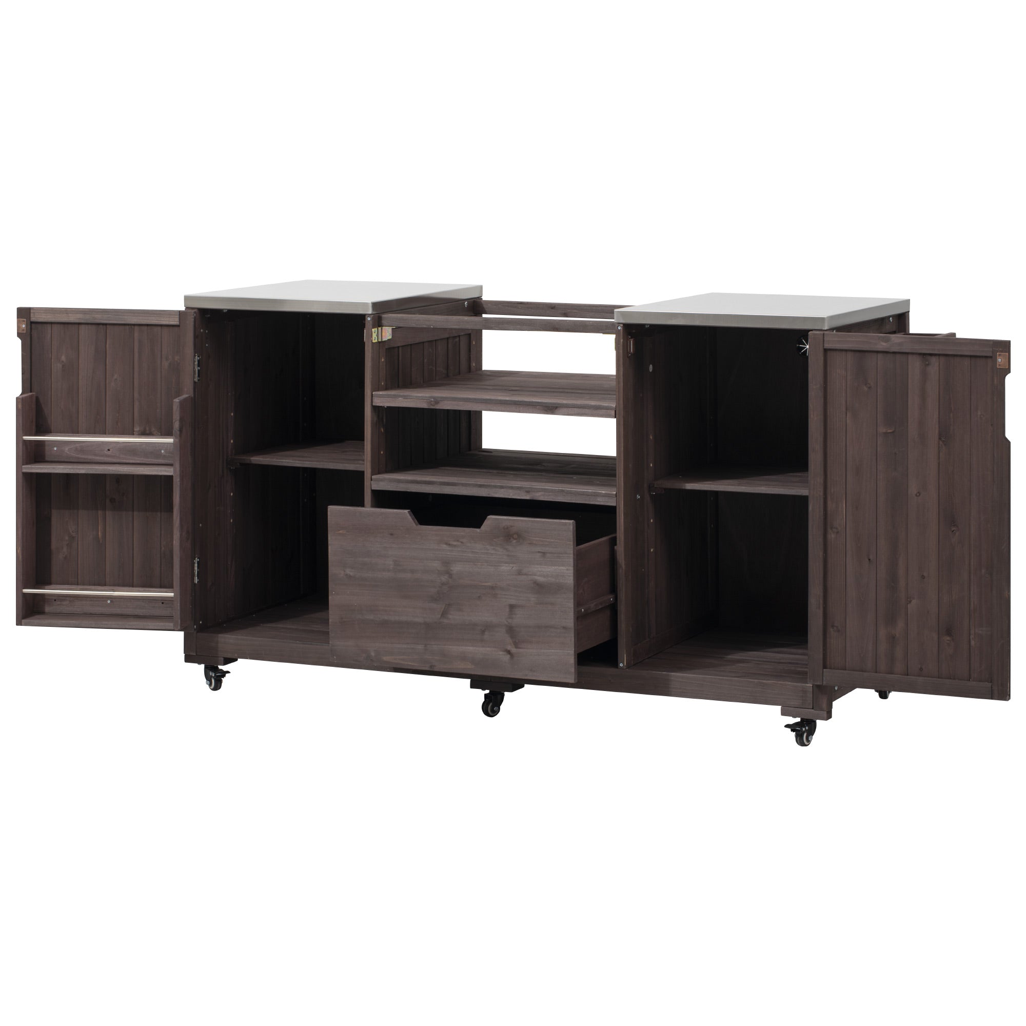 Antibes dark brown outdoor kitchen island showing open cabinet compartments adjustable storage shelves pull-out drawer and spacious organization system