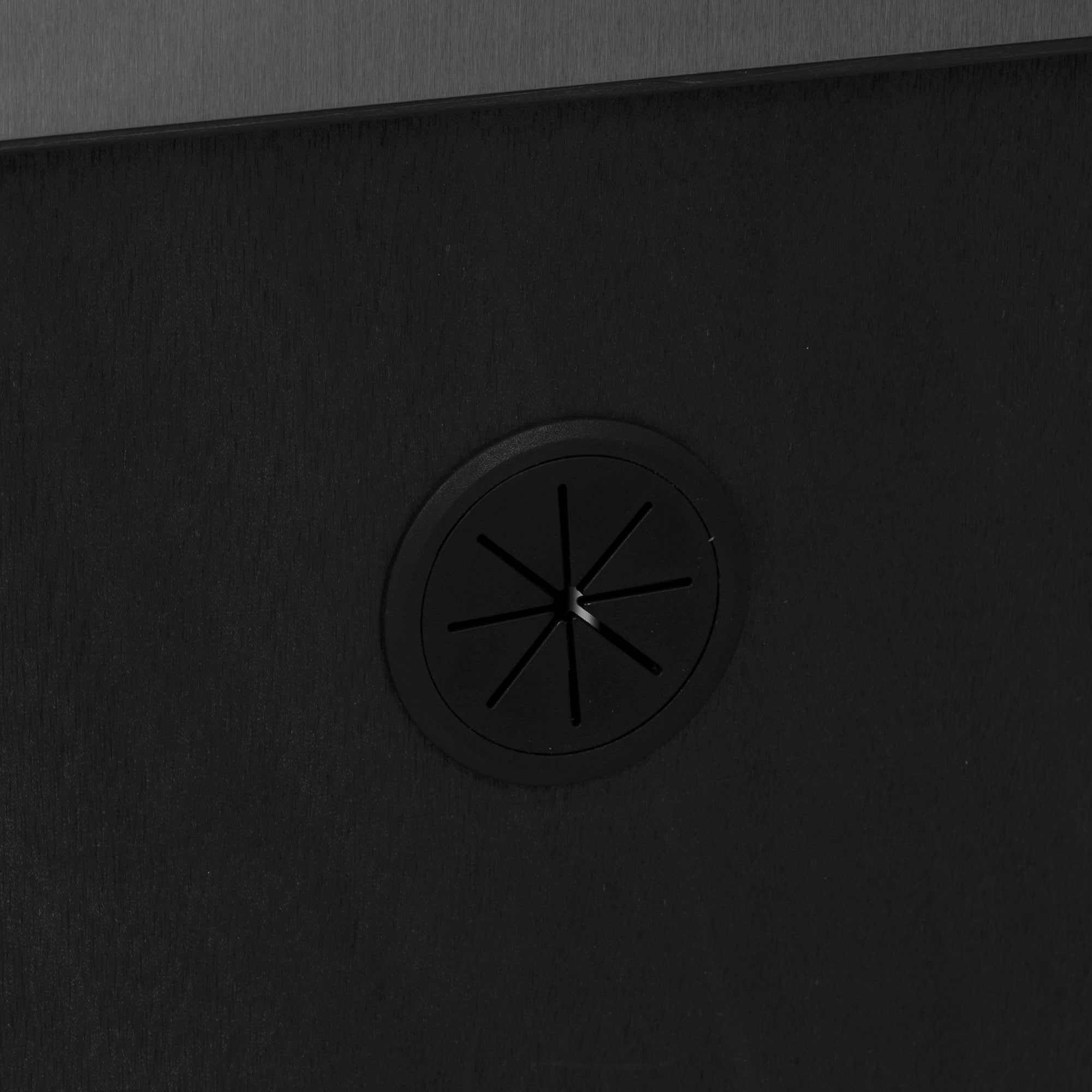 Antibes dark brown outdoor kitchen island showing integrated cable management grommet for grill power cords and outdoor appliance routing