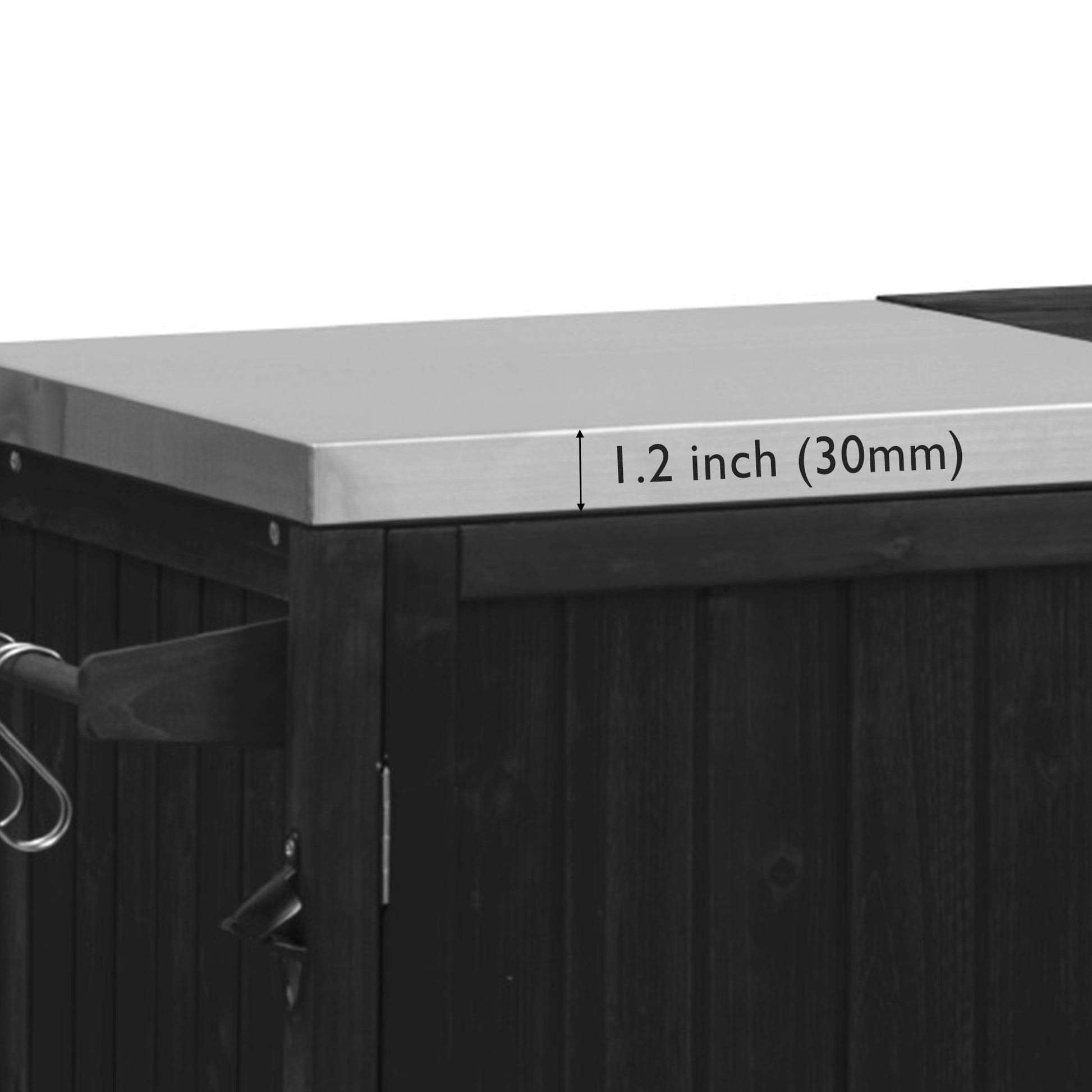 Antibes dark brown outdoor kitchen island showing 1.2 inch stainless steel countertop detail with durable outdoor food prep surface
